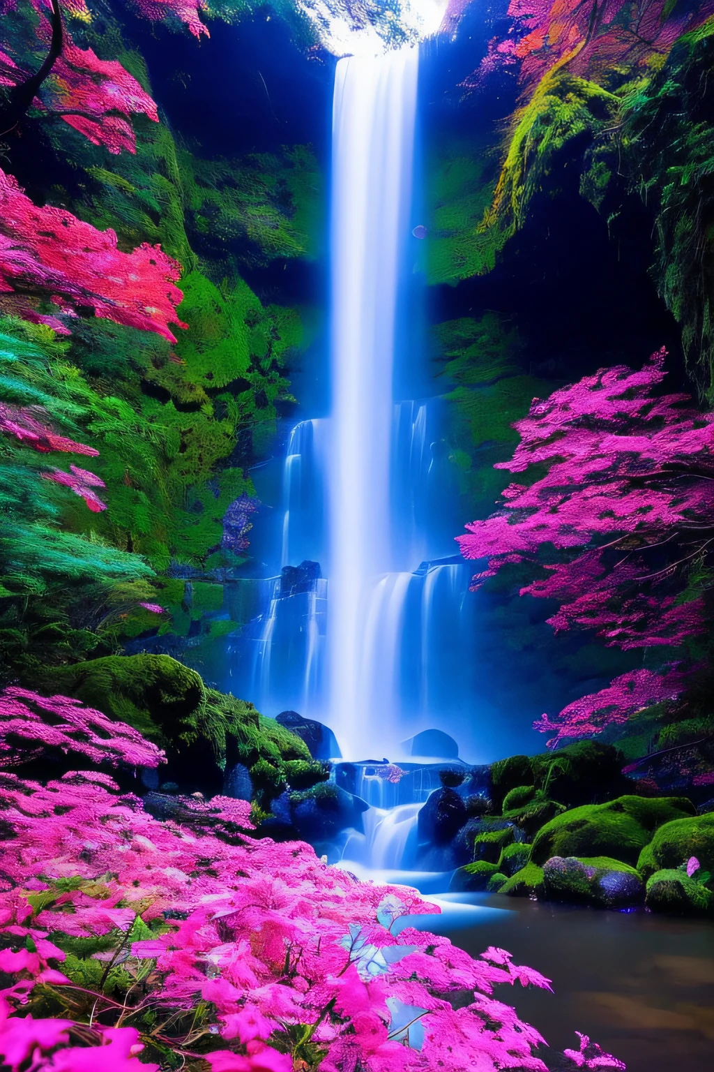 A scene from 2021 mesmerizing and immersive film called "Ethereal Earth" showing a mystical and otherworldly scene of a hidden waterfall within a mystical cave, with bioluminescent plants casting an ethereal glow, and a sense of wonder and magic in the air, transporting viewers to a fantastical realm in nature's embrace, Photography, using a wide-angle lens (24mm), --ar 16:9 --v 5, beautiful stunning waterfall, peaceful beautiful waterfall, stunning waterfall, waterfall(beautiful, beautiful waterfall, with trees and waterfalls, beautiful wallpaper, waterfall background, forest and waterfall, pink waterfalls, beatiful backgrounds, with waterfalls, japanese shrine waterfall, (waterfall), nature wallpaper, waterfall, waterfalls, cascading waterfalls