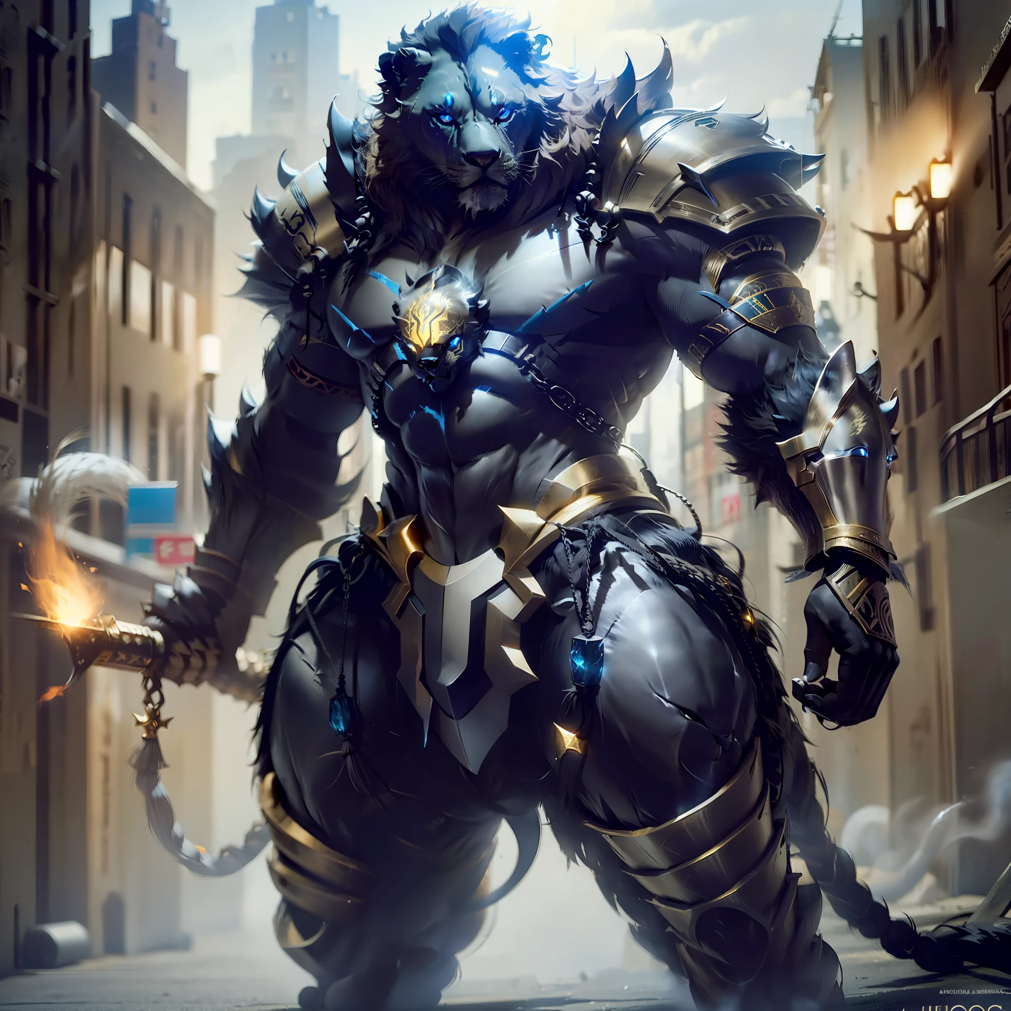 Super black lion, mus gigante, Uloso com cabelos brancos, Olhos de fogo e armadura rotuca ultra realista