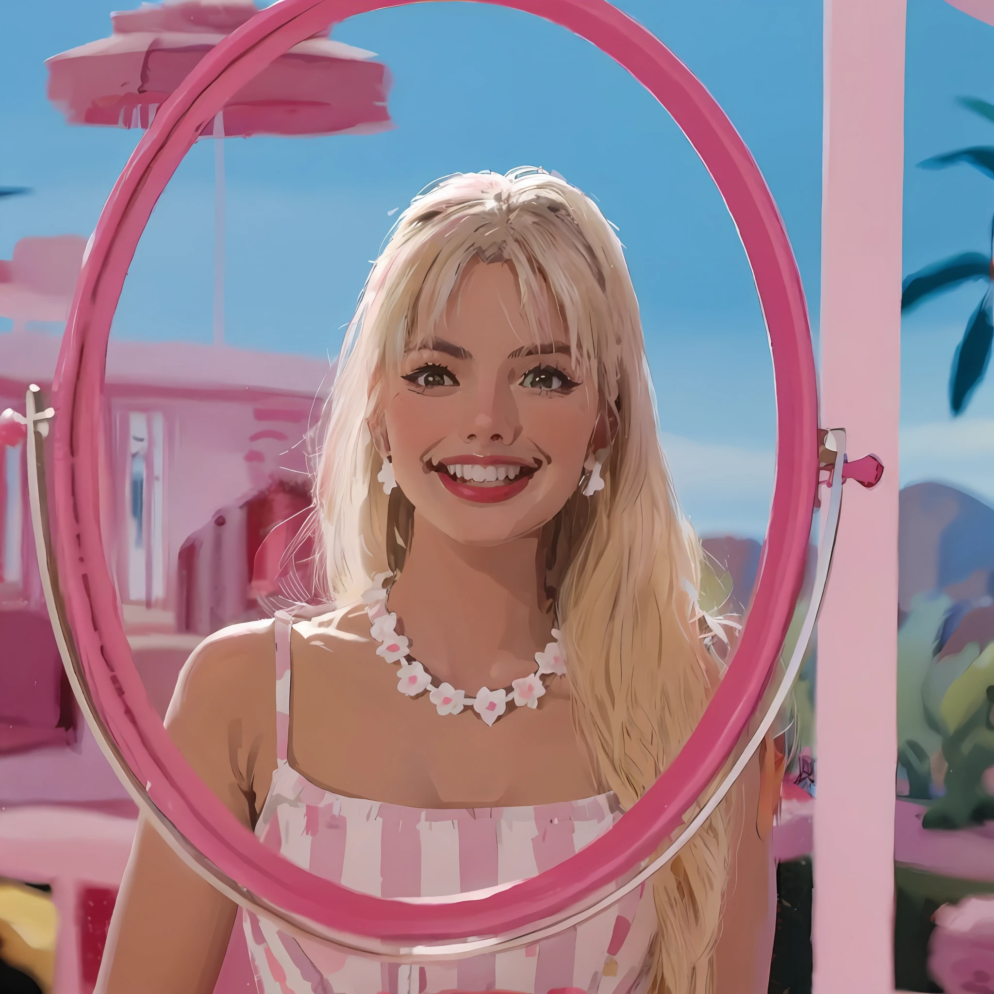 Mulher loira no vestido rosa sorrindo em frente ao espelho rosa, Barbie, foto comercial do brinquedo, inspirado por Peter Alexander Hay, um alambique de um feliz, Margot Robbie como uma fada, 🎀 🧟 🍓 🧚, videoclipe, claudia schiffer, papoula, 🎀 🗡 🍓 🧚, No estilo de Petra Collins, Margot Robbie, FilmeAinda