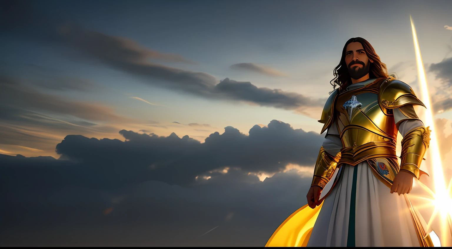 Jesus Second Coming into Heaven, rosto como o sol do meio dia, coroa, a tunic and a breastplate of gold, o cabelo castanho, olhos como chamas de fogo, sorriso leve, Surrealismo, retroiluminação, cinematic lighthing, alta qualidade, detalhes elevados, melhor qualidade, 8k, octane render,