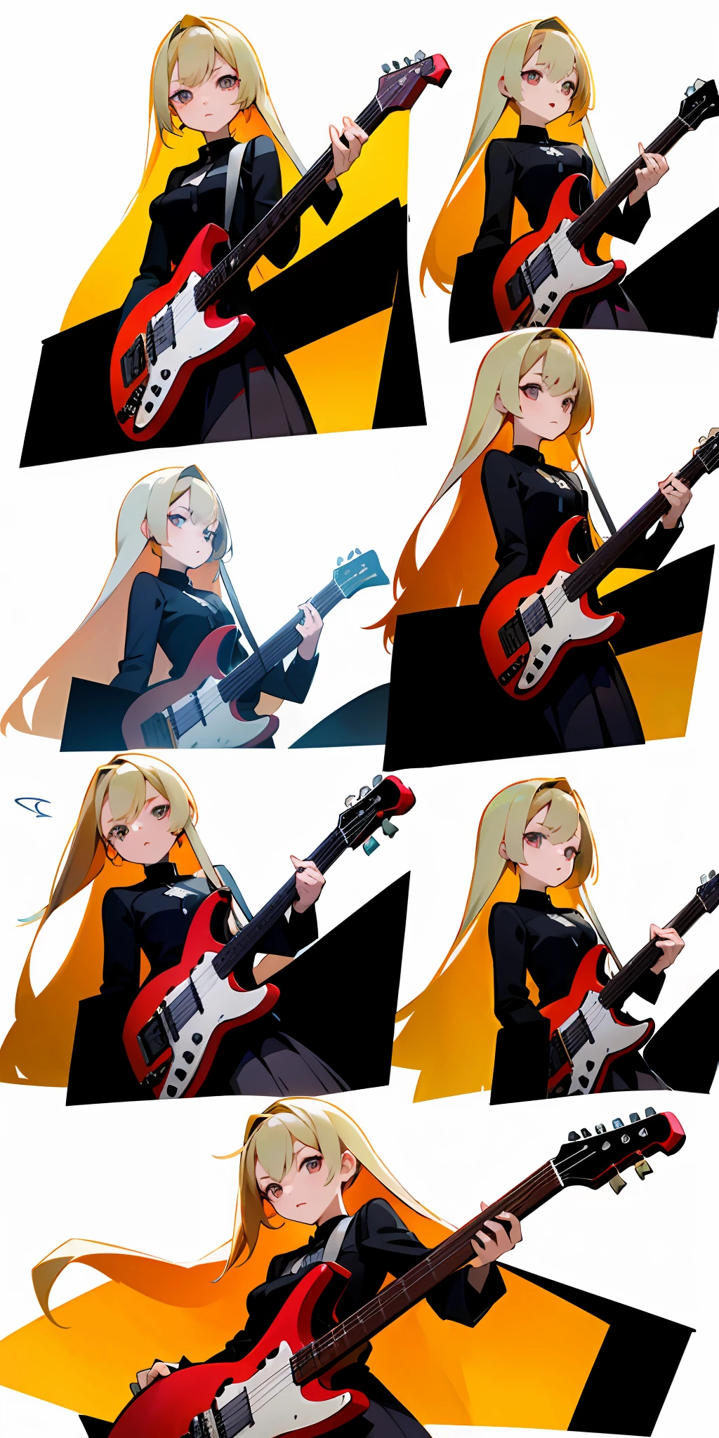Character design sheet, same character, 6 different poses and expressions, illustration, 1 girl, long blonde hair color and playing an electric guitar, black color eyes, white background