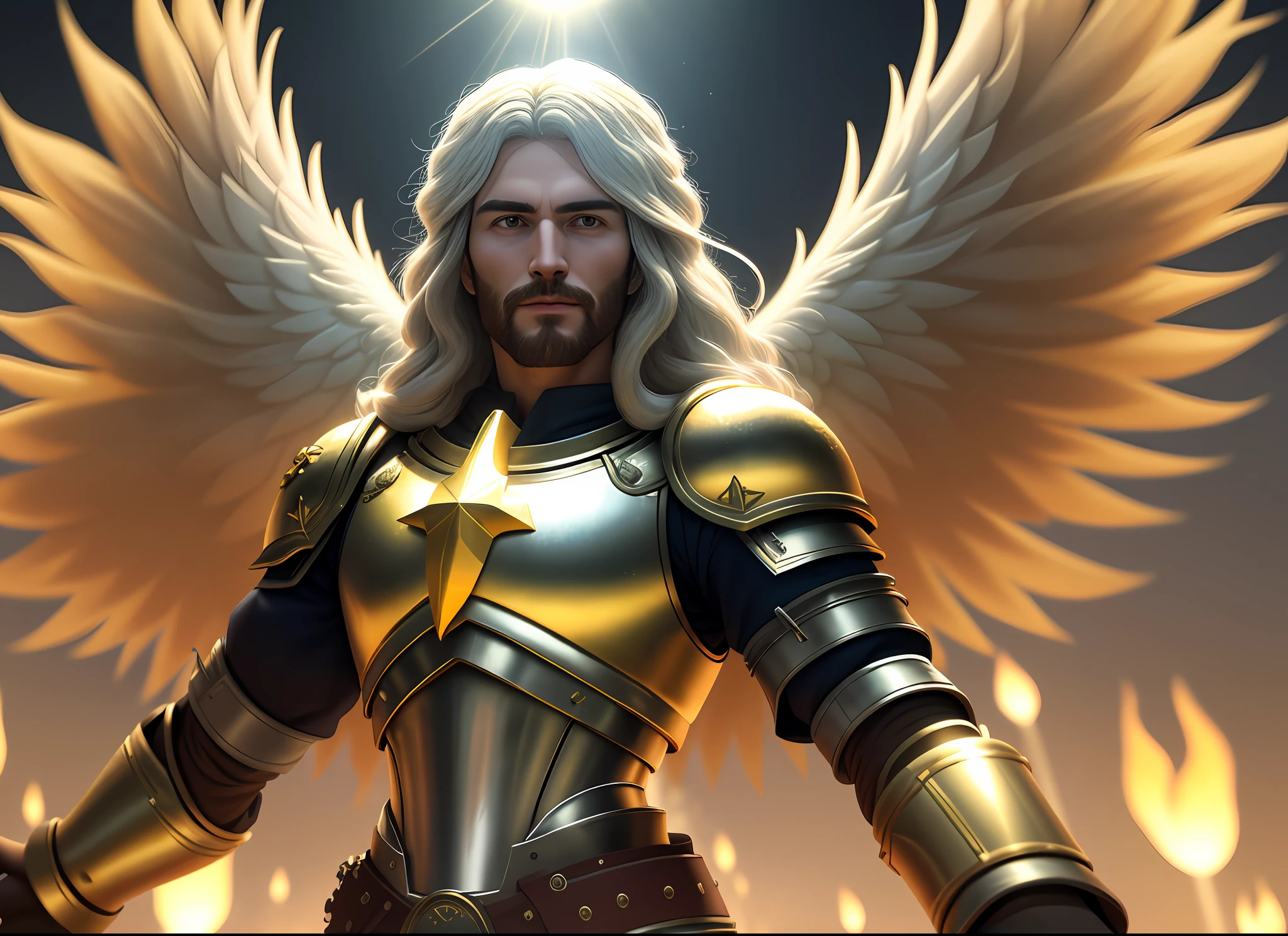 Jesus Second Coming into Heaven, rosto como o sol do meio dia, coroa, a tunic and a breastplate of gold, o cabelo castanho, olhos como chamas de fogo, sorriso leve, Surrealismo, retroiluminação, cinematic lighthing, alta qualidade, detalhes elevados, melhor qualidade, 8k, octane render, (obra-prima:1.2) (bokeh) (melhor qualidade) (pele detalhada) (textura detalhada) (8k) (claymation) (cinematic lighthing) (foco nítido
