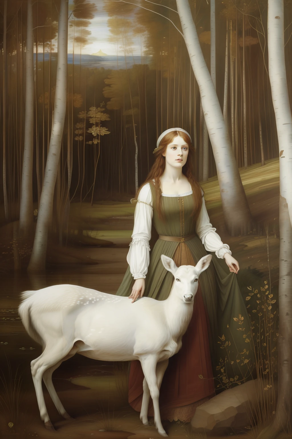 birch trunk, "(((Pre-Raphaelite and Renaissance painting))), qualidade excepcional, incredible details, Portrait of a Celtic maiden and a white deer in a birch forest. paisagem celta, sun sunset."