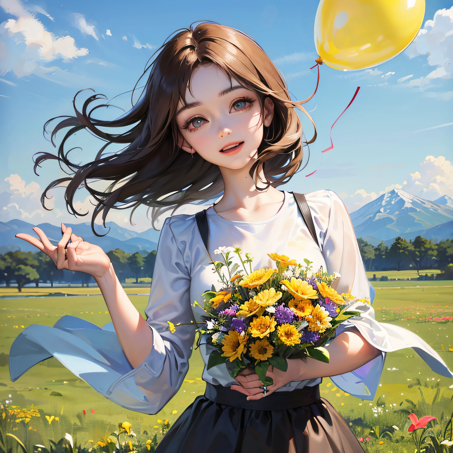 A girl holding flowers, colorful balloons floating in the sky, meadow, dancing, holding flowers, mountains and grass background, happy, happy, perfect quality, clear focus (clutter-home: 0.8), (masterpiece: 1.2) (Realistic: 1.2) (Bokeh) (Best quality) (Detailed skin: 1.3) (Intricate details) (8K) (Detail Eyes) (Sharp Focus), (Happy) --auto