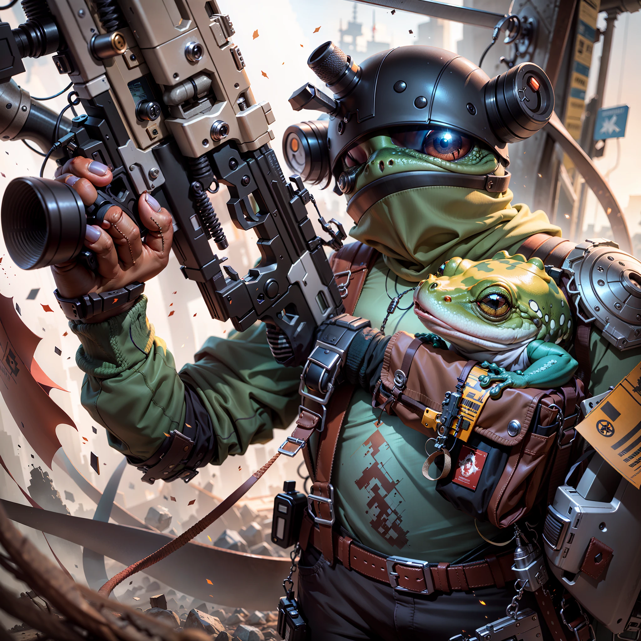 There is a frog with a gun and a gun in his hand, arte conceitual ultra realista, arte conceitual altamente realista, arte conceitual ultrarrealista, sapo cyberpunk, rolands zilvinskis 3d render art, arte conceitual extremamente detalhada, arte conceitual hiperrealista, Wojtek FUS, Arte conceitual 4K e hiper realismo, arte conceitual fotorrealista, estilo craig mullins