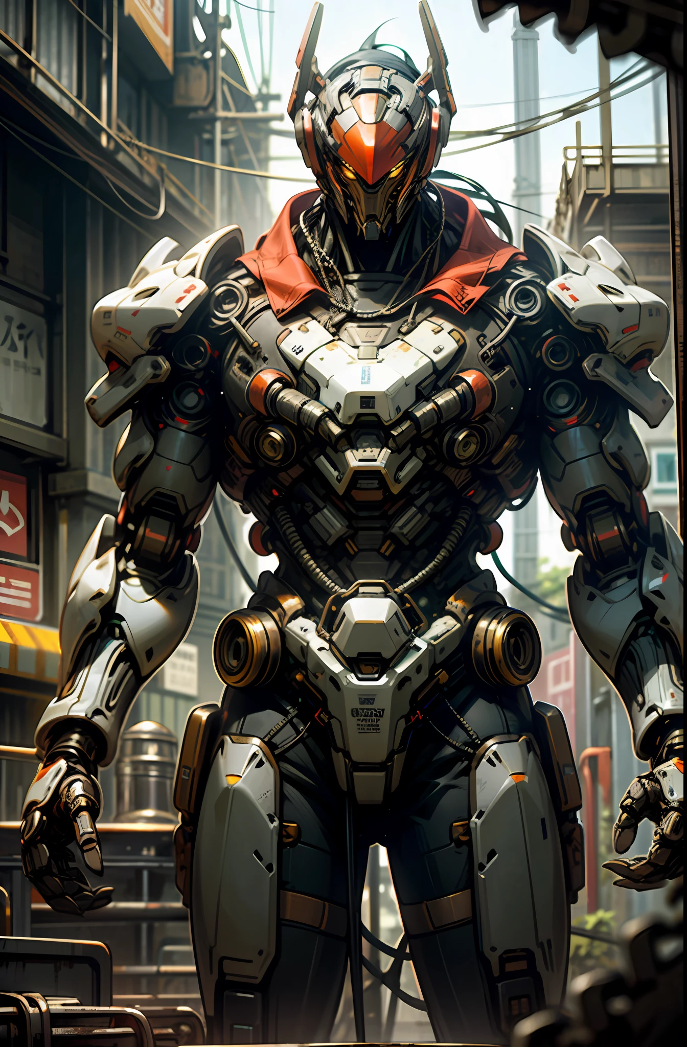 Dark_Fantasy,Cyberpunk,(chain saw,chain saw man,Red:1.1),1man,Mechanical marvel,Robotic presence,Cybernetic guardian, wearing a worn-out mech suit, intricate, (steel metal [rusty]), elegant, clear focus, shot by greg rutkowski, soft lighting, vibrant colors, masterpiece, ((street)), cowboy shot, dynamic pose,