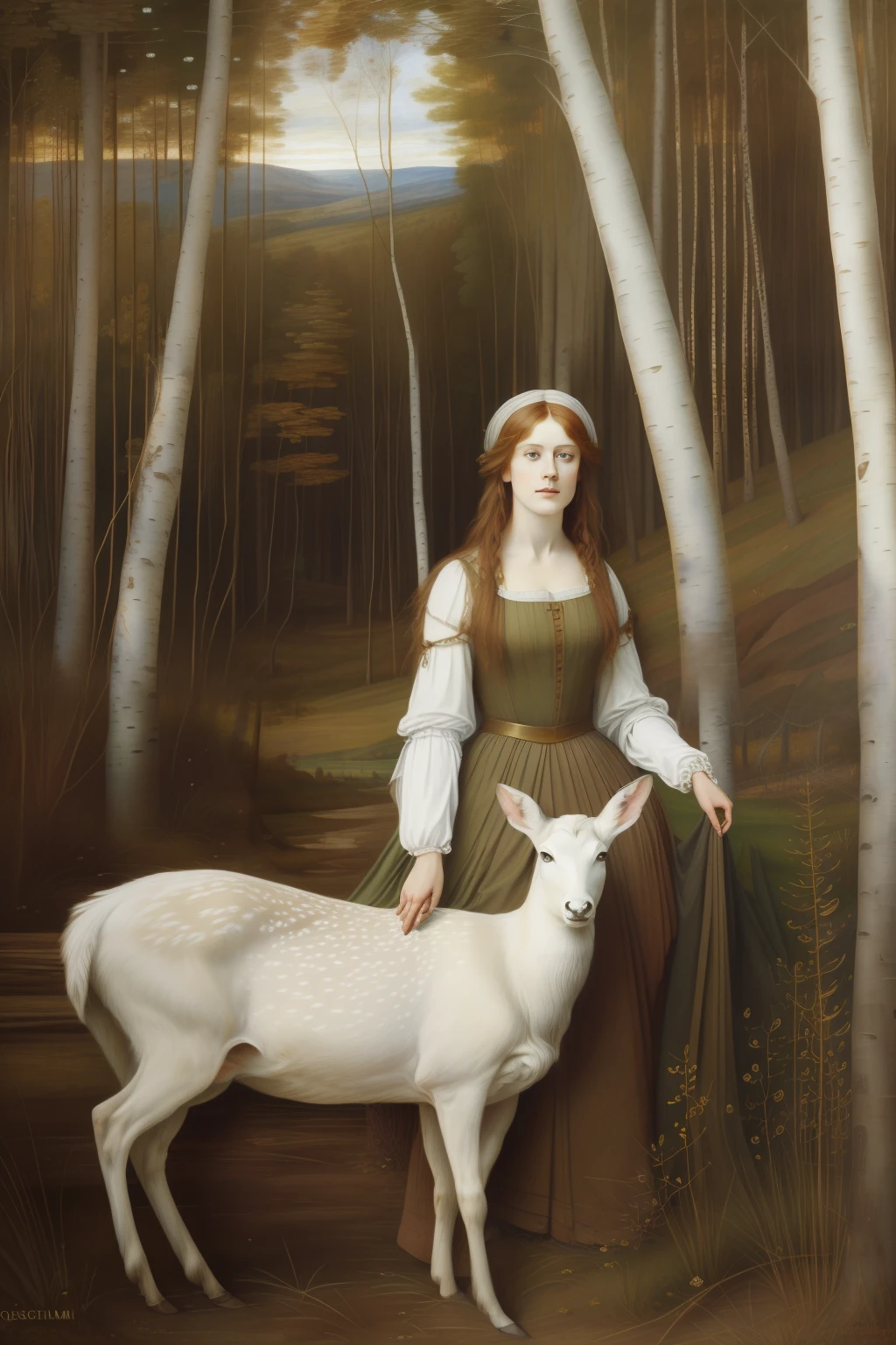birch trunk, "(((Pre-Raphaelite and Renaissance painting))), qualidade excepcional, incredible details, Portrait of a Celtic maiden and a white deer in a birch forest. paisagem celta, sun sunset."