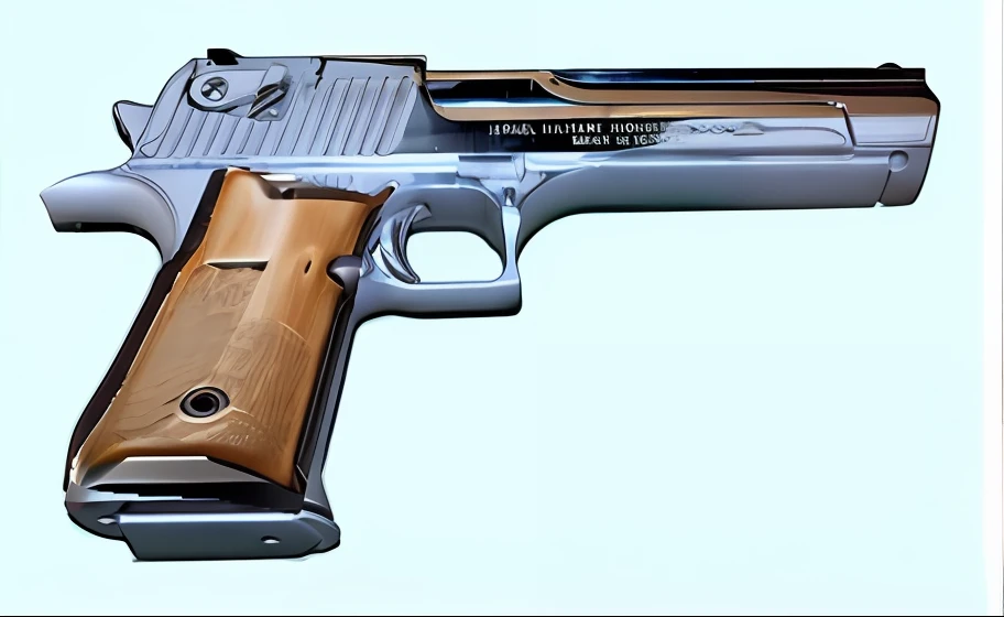 Close up of gun with wooden handle isolated on white background, realistic gun, realistic gun design, Handgun, 1911, realistic weapon, airsoft handgun, products photo from gun magazine, Firearm Photography, side view of a gaunt, Silent pistol, pistols, beautiful surreal pistol, Highly polished, realistic gun, realistic weapon, master piece