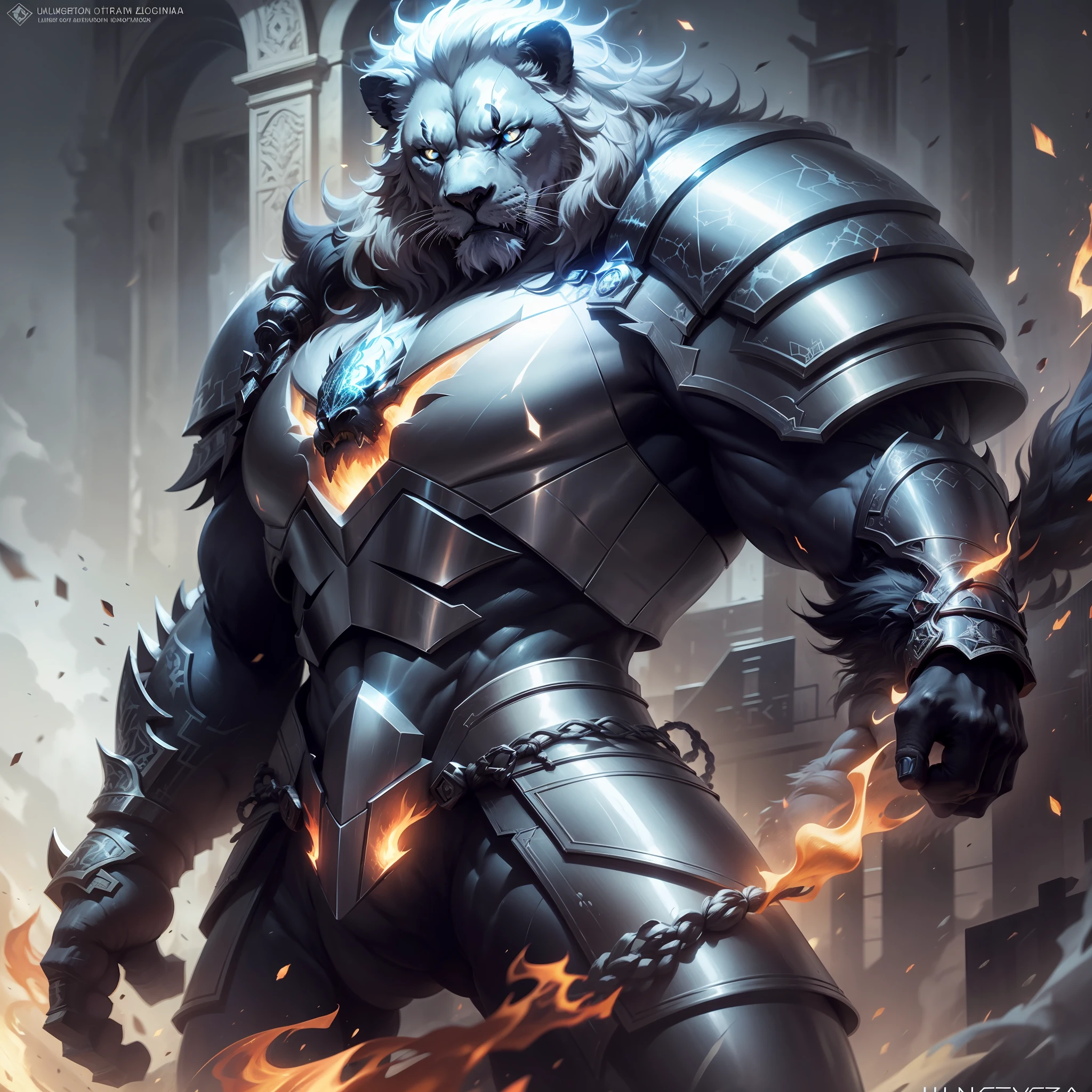 Super black lion, mus gigante, Uloso com cabelos brancos, Olhos de fogo e armadura rotuca ultra realista