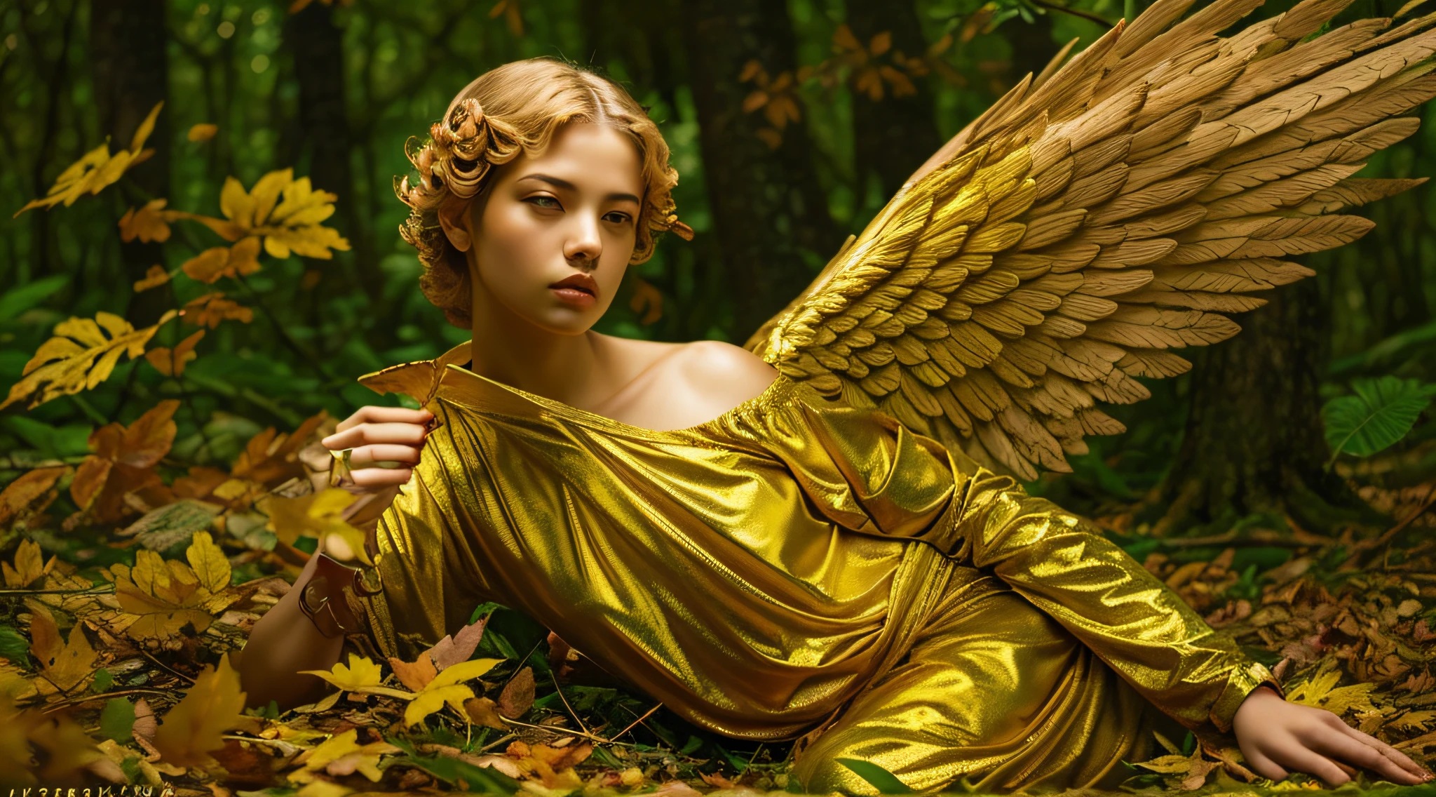 fotografia (estilo fallenangel:1) uma pintura digital de um (atraente:1) Anjo dourado sentado no meio de uma floresta