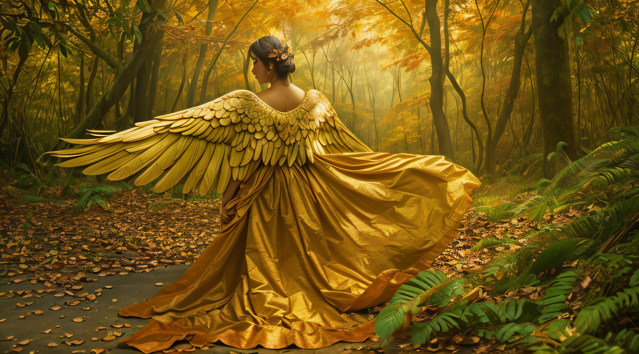 fotografia (estilo fallenangel:1) uma pintura digital de um (atraente:1) Anjo dourado sentado no meio de uma floresta