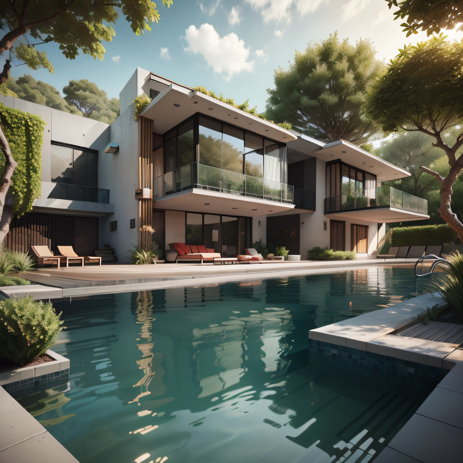 Organic modern architecture on a fairly large plot, There is a swimming pool in the middle of a large one-story house, cor da casa em vigas marrom chocolate e preto, large modern residence, telhados planos e jardim, render luxcore, render oktane, a photorealistic rendering, architectural render, mantra rendering, architectural render, realism rendering, architectural visualisation, piscina de bem-estar, architectural visualisation,  grandes zonas verdes, com pequenas zonas de flores de lavanda, arbustos verdes tipo exuberante jardim verde, swimming pool embedded in an area of sand, oliveiras e pinheiros ao redor da casa,