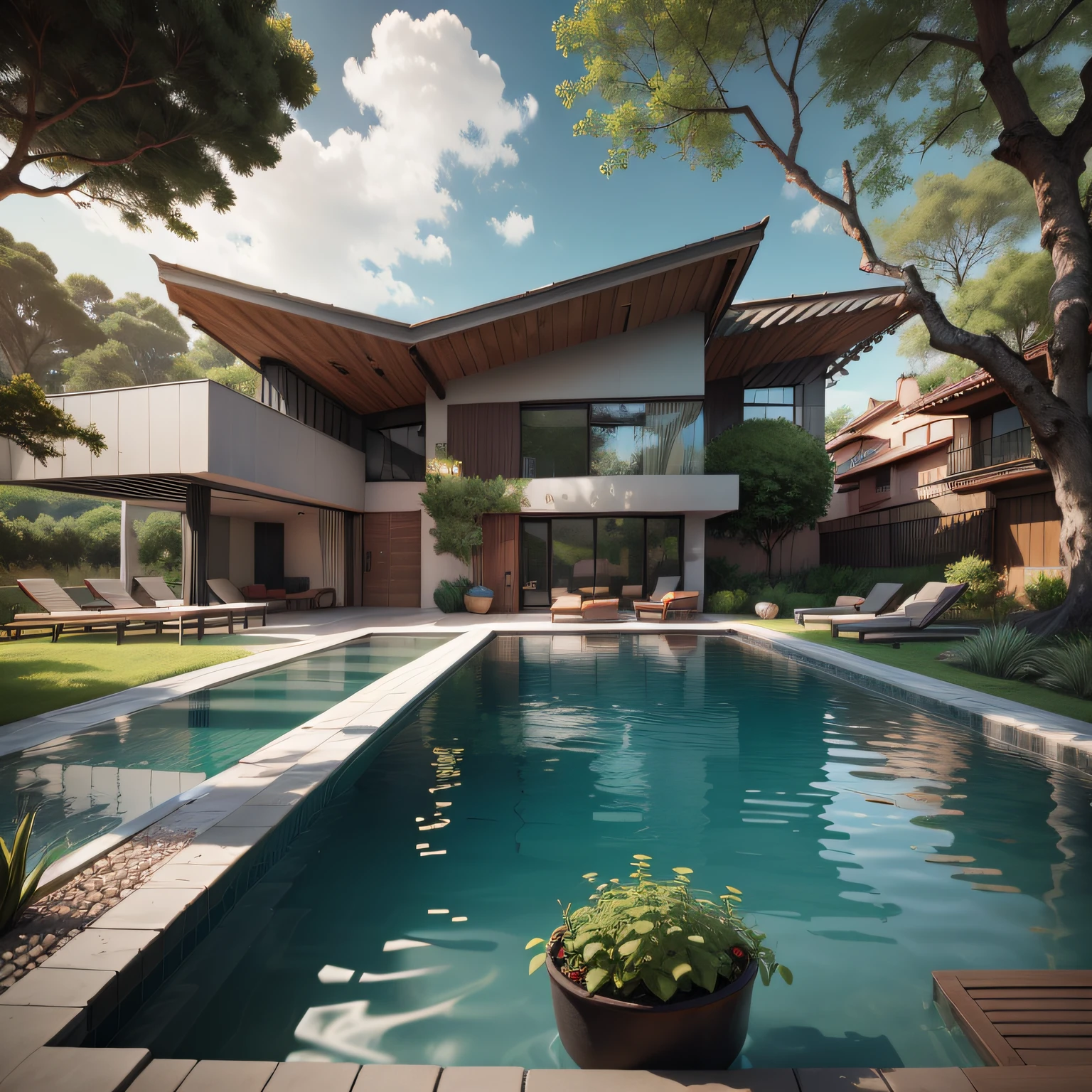 Organic modern architecture on a fairly large plot, There is a swimming pool in the middle of a large one-story house, cor da casa em vigas marrom chocolate e preto, large modern residence, telhados planos e jardim, render luxcore, render oktane, a photorealistic rendering, architectural render, mantra rendering, architectural render, realism rendering, architectural visualisation, piscina de bem-estar, architectural visualisation, grandes zonas verdes, com pequenas zonas de flores de lavanda, arbustos verdes tipo exuberante jardim verde, swimming pool embedded in an area of sand, oliveiras e pinheiros ao redor da casa,