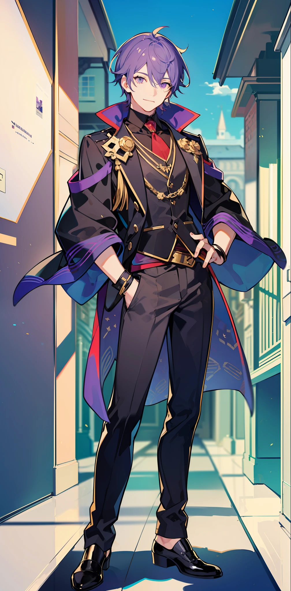 ((masterpiece)),(((best quality))), (high-quality, breathtaking),(expressive eyes, perfect face), 1boy, full body, male, short light purple hair, beautiful purple eyes, smiling, black idol outfit, knight, wearing black pants, shine, glow, sunshine, blue sky, portrait, solo, one person, wallpaper