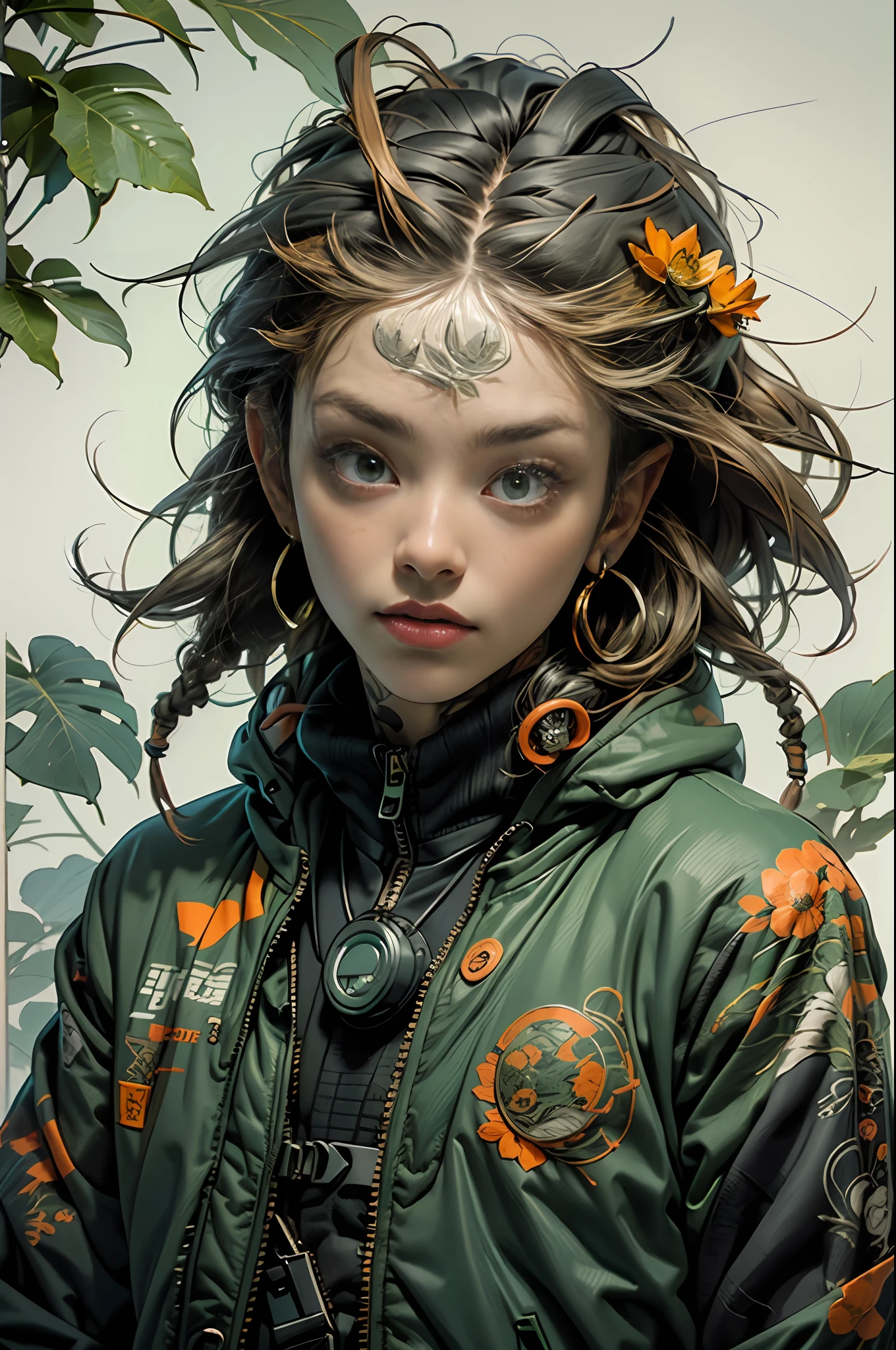 green:1.5, orange:1.1, white:1.3, yellow:1.3, (rapper with dread hair),tattoos, (power puffer clothes:1.2),flowers,leaves,fog,lines,circles background