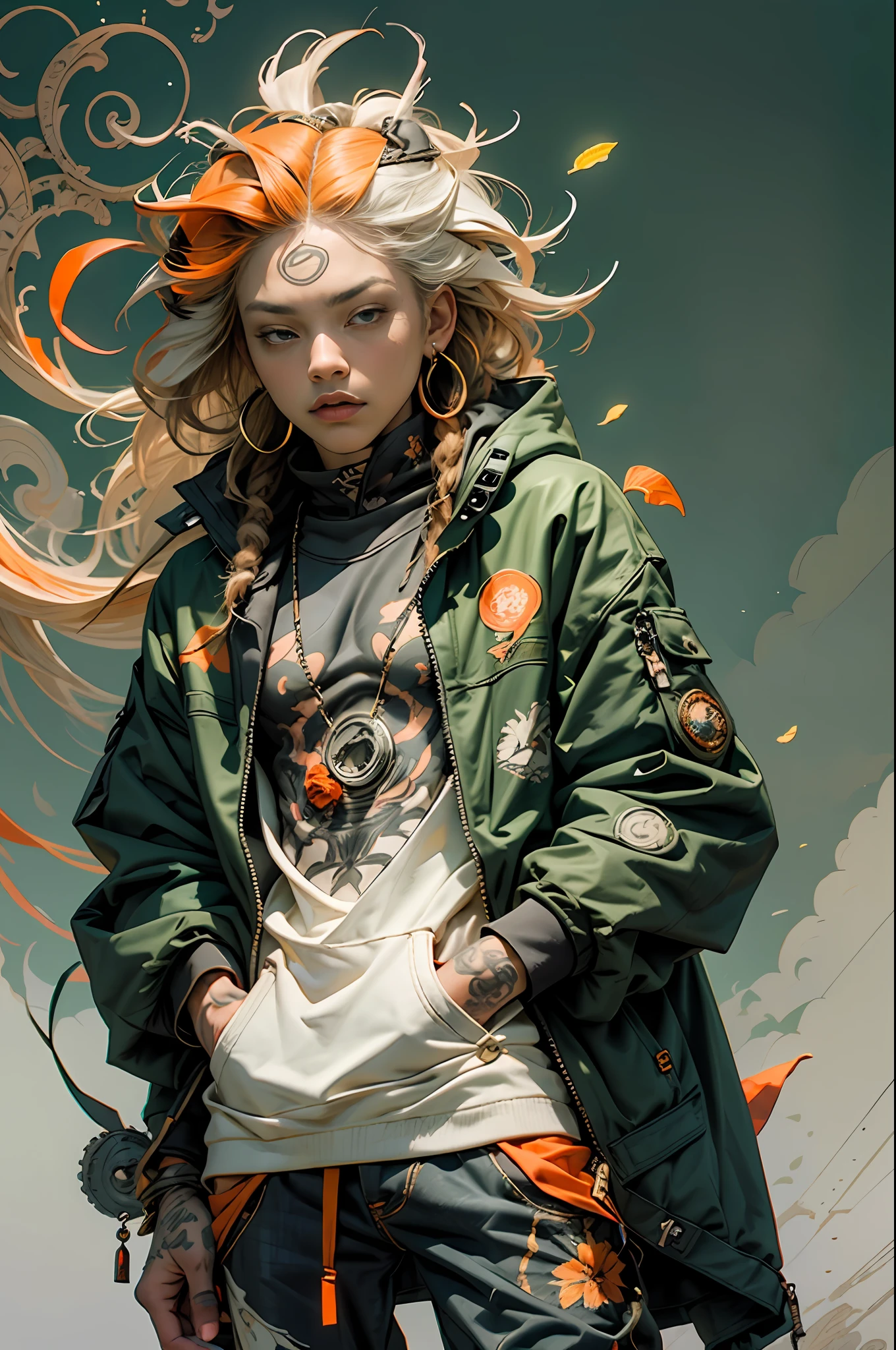 green:1.5, orange:1.1, white:1.3, yellow:1.3, (rapper with dread hair),tattoos, (power puffer clothes:1.2),flowers,leaves,fog,lines,circles background