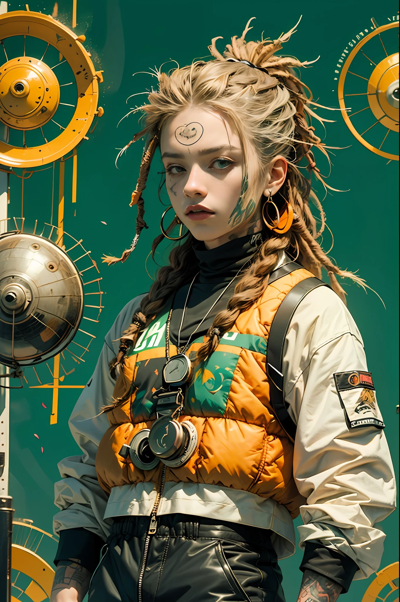 green:1.5, orange:1.1, white:1.3, yellow:1.3, (rapper with dread hair),tattoos, (power puffer clothes:1.2),flowers,leaves,fog,lines,circles background