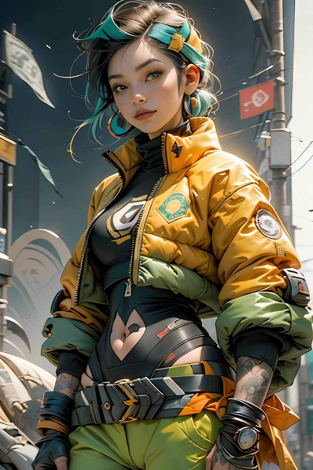 verde: 1.5, laranja: 1.1, branco: 1.3, amarelo: 1.3, (garota rapper com cabelo pavor), tatuagens, (roupas puffer do poder: 1.2), flores, folhas, mistborn, linhas, background circles