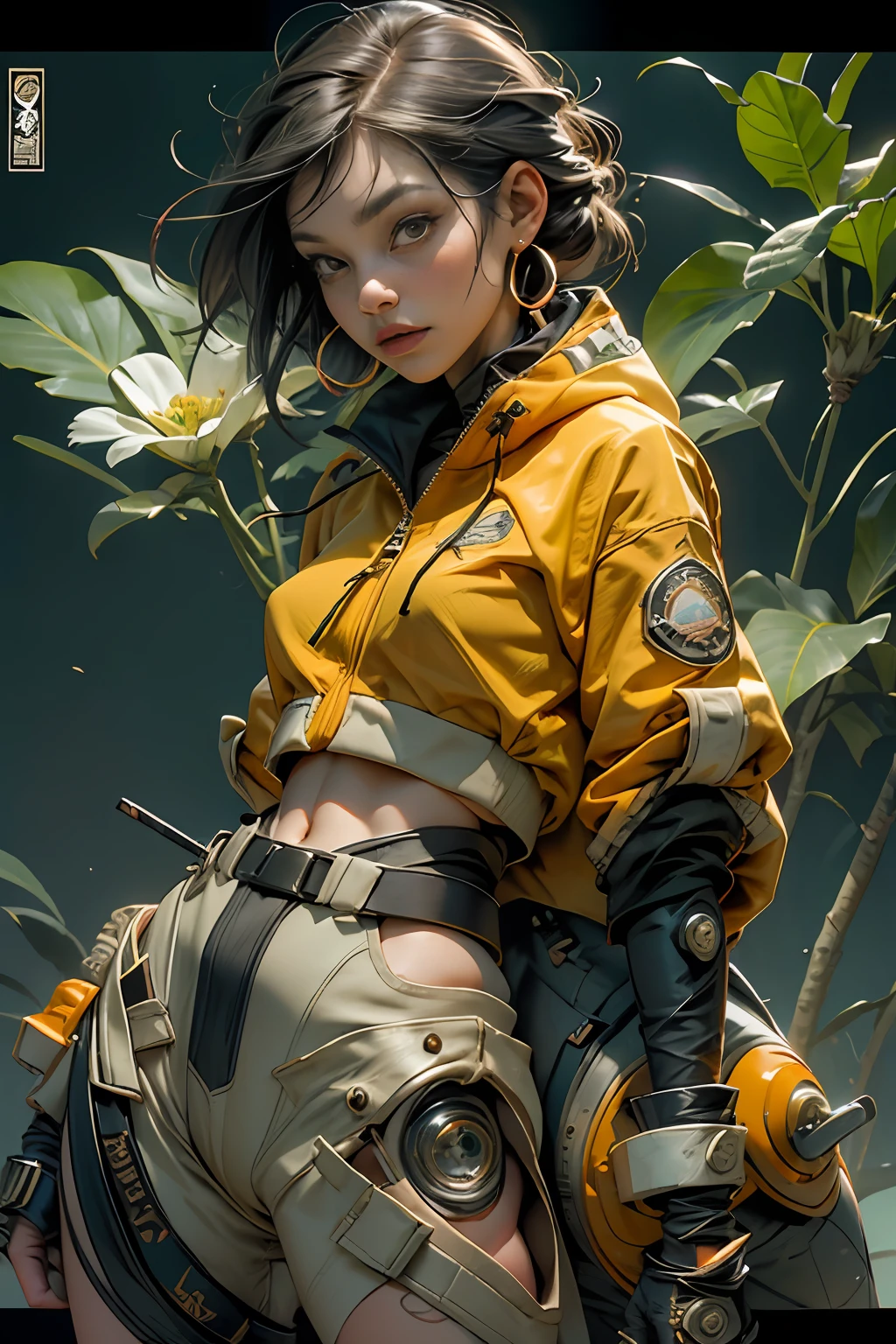 verde: 1.5, laranja: 1.1, branco: 1.3, amarelo: 1.3, (garota rapper com cabelo pavor), tatuagens, (roupas puffer do poder: 1.2), flores, folhas, mistborn, linhas, background circles