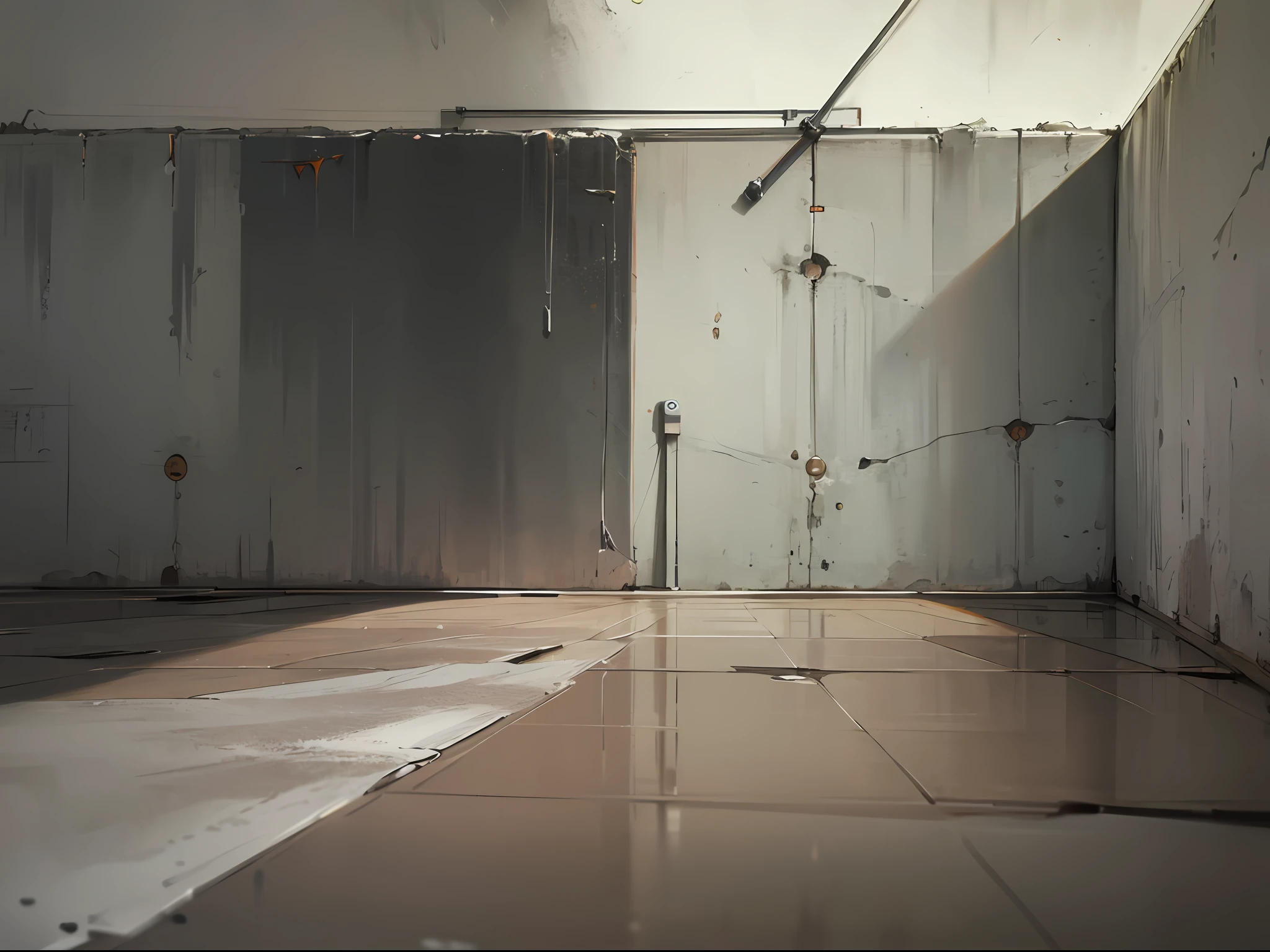 ((close-up to the wall)),((angle from front)),((((angle from below)))),((clean floor)),((grey wall)),(((abandon factory))),((warm light)),(orange light),((dramatic shadows)), ((indoor)),
((((((((masterpiece)))))))), best quality, highly detailed, extremely detailed CG unity 8k wallpaper,illustration,sfw,
indoor,((((abandon factory)))),(at night),spotlight,(((grey background))),(grey wall),wire,pipe,(night),