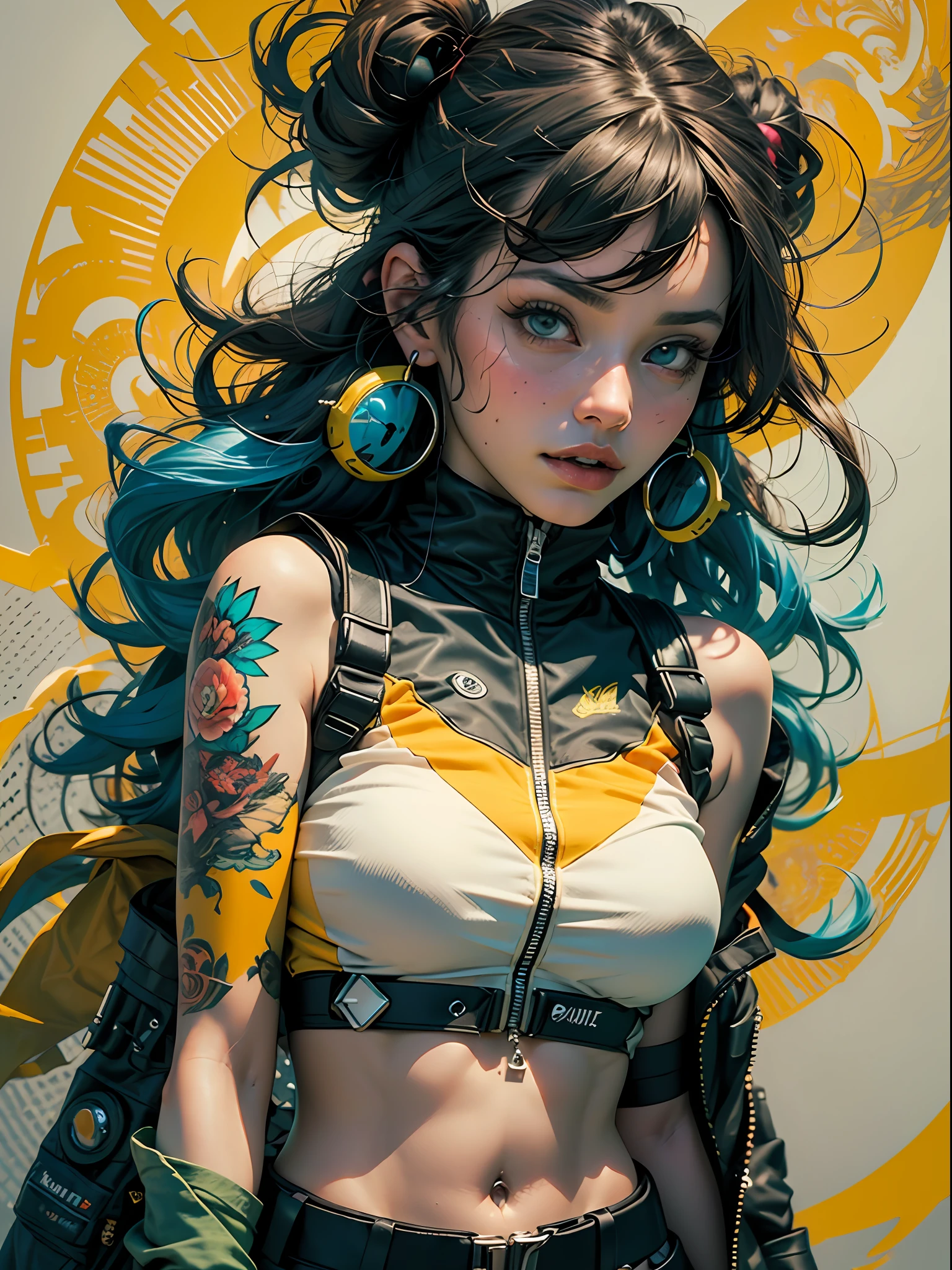 verde: 1.5, laranja: 1.1, Branco: 1.3, amarelo: 1.3, (garota rapper com cabelo pavor), tatuagens, (roupas puffer do poder: 1.2), flor, folhas, mistborn, linhas, background circles