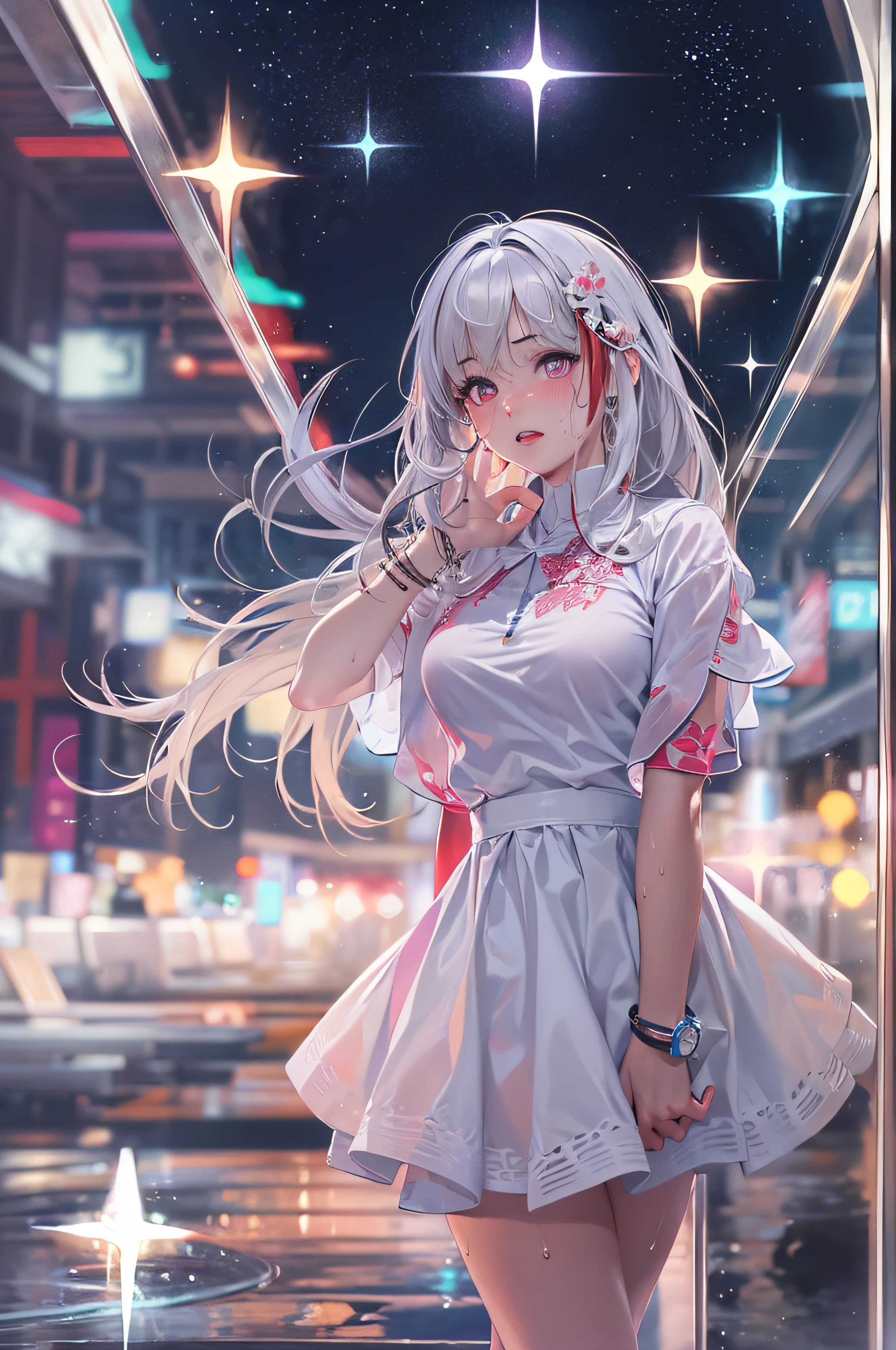 (masterpiece, top quality, best quality, official art, beautiful and aesthetic:1.2), (1girl:1.3), (fractal art:1.3),absurd, masterpiece, best quality, realistic, hyper-detailed, (shiny skin, sweaty:1.4), looking at viewer, slender, solo,  white sneakers, white miniskirt, long hair, white hair, red eyes, heterochromia, multi coloured eyes, (thick thighs:0.5), dynamic lighting, high resolution, sharp focus, depth of field, medium breasts, masterpiece, best quality, ultra-detailed, illustration, ultra-detailed face, best quality face, adult, 1girl, 18 years old, adult, intricate detailed outfit, sexy pose, glowing red dress, cute, kawaii, digital art, finely detailed eyes, blushing, red cheeks, realistic, purple eyes, glowing eyes, top, skirt, parted lips, blush, night, sun, sunlight, cute, kawaii, digital art, finely detailed eyes, embarrassed expression, long_hair, blushing, moon, star_\(sky\), starry_sky, full_moon, photorealistic, asian, woman, mix4