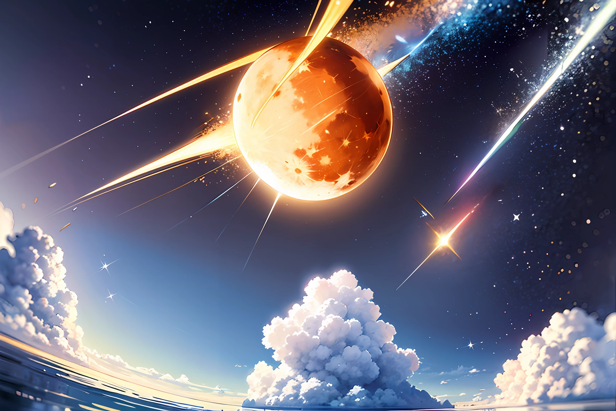 (obra prima) + (alta qualidade) + ( intricavel) + ( bem detalhado) (clareza na imagem) Stellar explosion with the Moon halved ( Pieces of meteorites ) brilho das estrelas, muitas estrelas (foto realista) (extremely high quality)