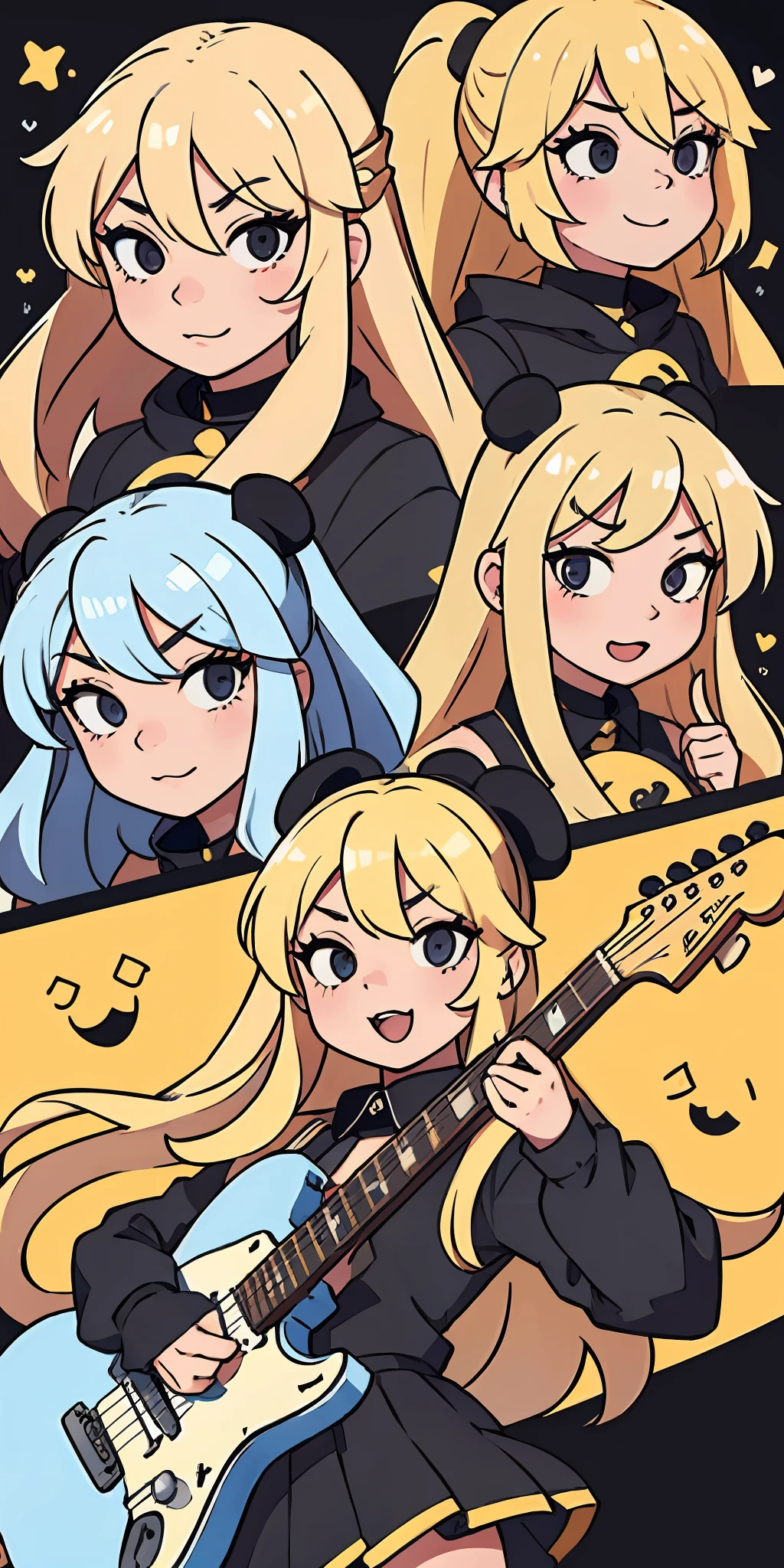 cute long blond hair girl with black eyes playing electric guitar, emoji pack, 6 emoticons, emoji sheet, multiple poses and expressions, anthropomorphic style, Disney style, black strokes, different emotions, multiple poss and expression