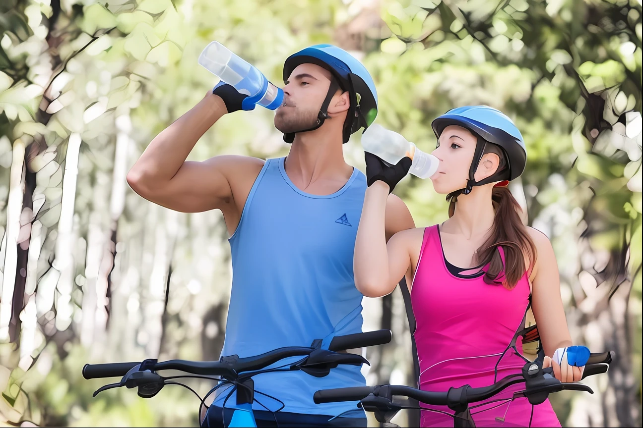 Realistic drawing Araffes man and woman drinking water from bottles while standing next to their bikes, hydration, peacefully drinking river water, water bottels, transhumanist hydration, Beber, capacete de bicicleta de montanha, easy go, effortless, horseback riding, foto de perfil, imagem de perfil, Shutterstock, sharing an oxygen tank, foto - shot, promo, estilo de vida, iStock, exclusivo