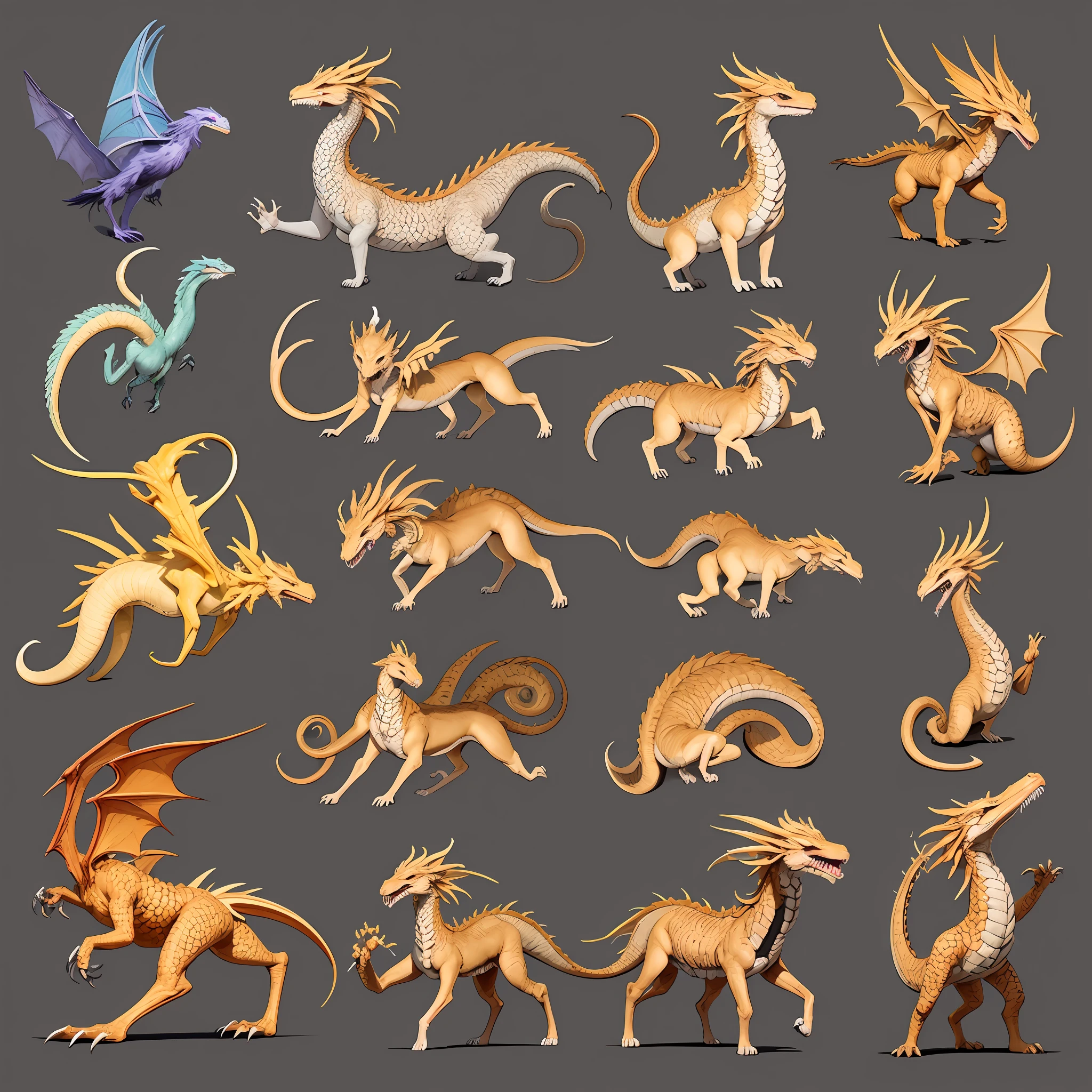 Create a high-resolution hyper-realistic flash sheet of dragon, Phenix, hydra, the golden hynd creatures in a small size . The style should be reminiscent of modern wildlife art with the intricate lines and watercolor-like colors . Use a papyrus-like color for the background to capture the image. --ar 5:4 --q 1 --style expressive --c 75 --niji 4