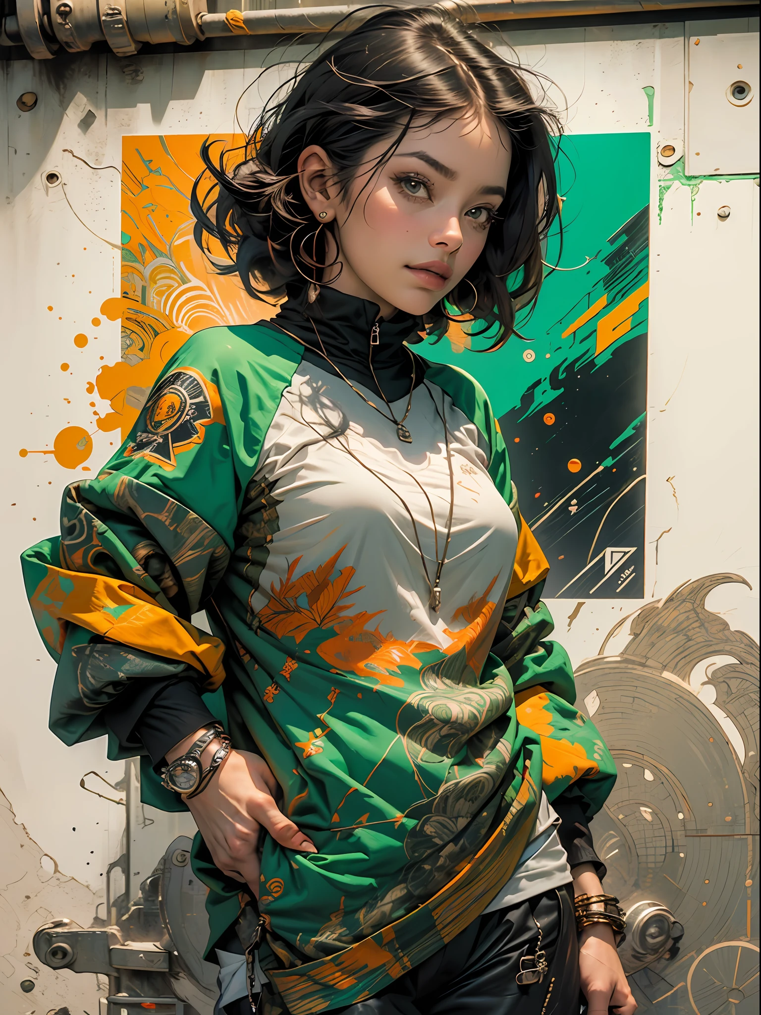 verde: 1.5, laranja: 1.1, Branco: 1.3, amarelo: 1.3, (garota rapper com cabelo pavor), tatuagens, (roupas puffer do poder: 1.2), flor, folhas, mistborn, linhas, background circles