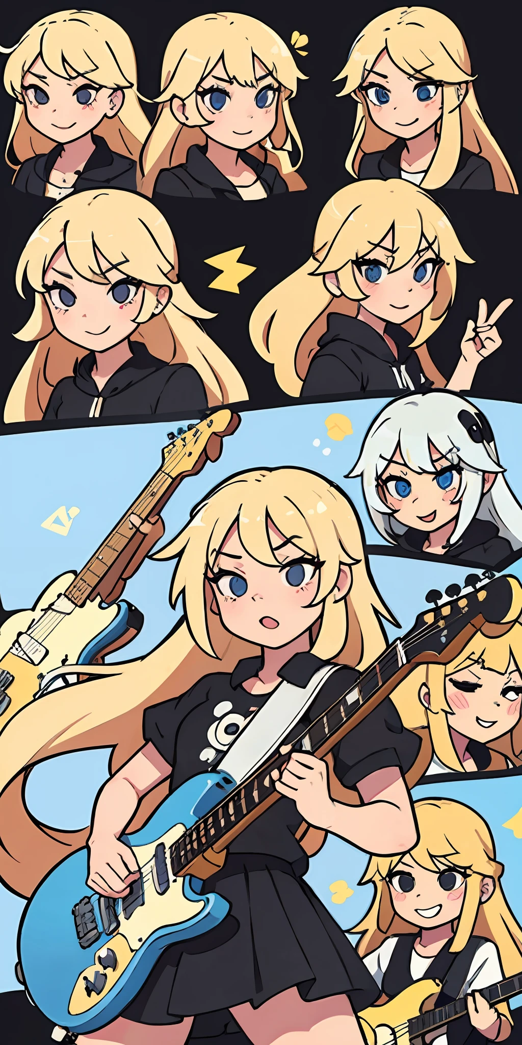 cute long blond hair girl with black eyes playing electric guitar, emoji pack, 6 emoticons, emoji sheet, multiple poses and expressions, anthropomorphic style, Disney style, black strokes, different emotions, multiple poss and expression