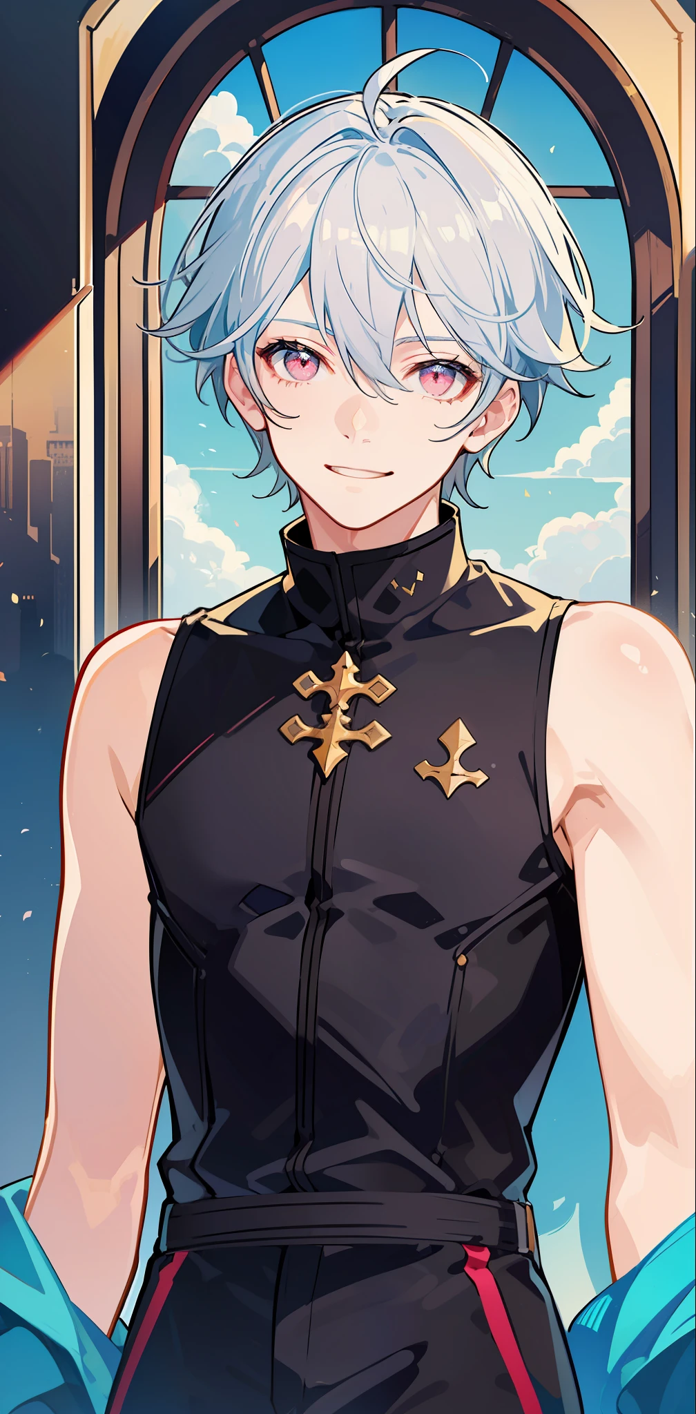 ((masterpiece)),(((best quality))), (high-quality, breathtaking),(expressive eyes, perfect face), 1boy, male, short white hair, beautiful pink eyes, smiling, black idol outfit, wearing black pants, shine, glow, sunshine, blue sky, portrait, solo, one person, magic