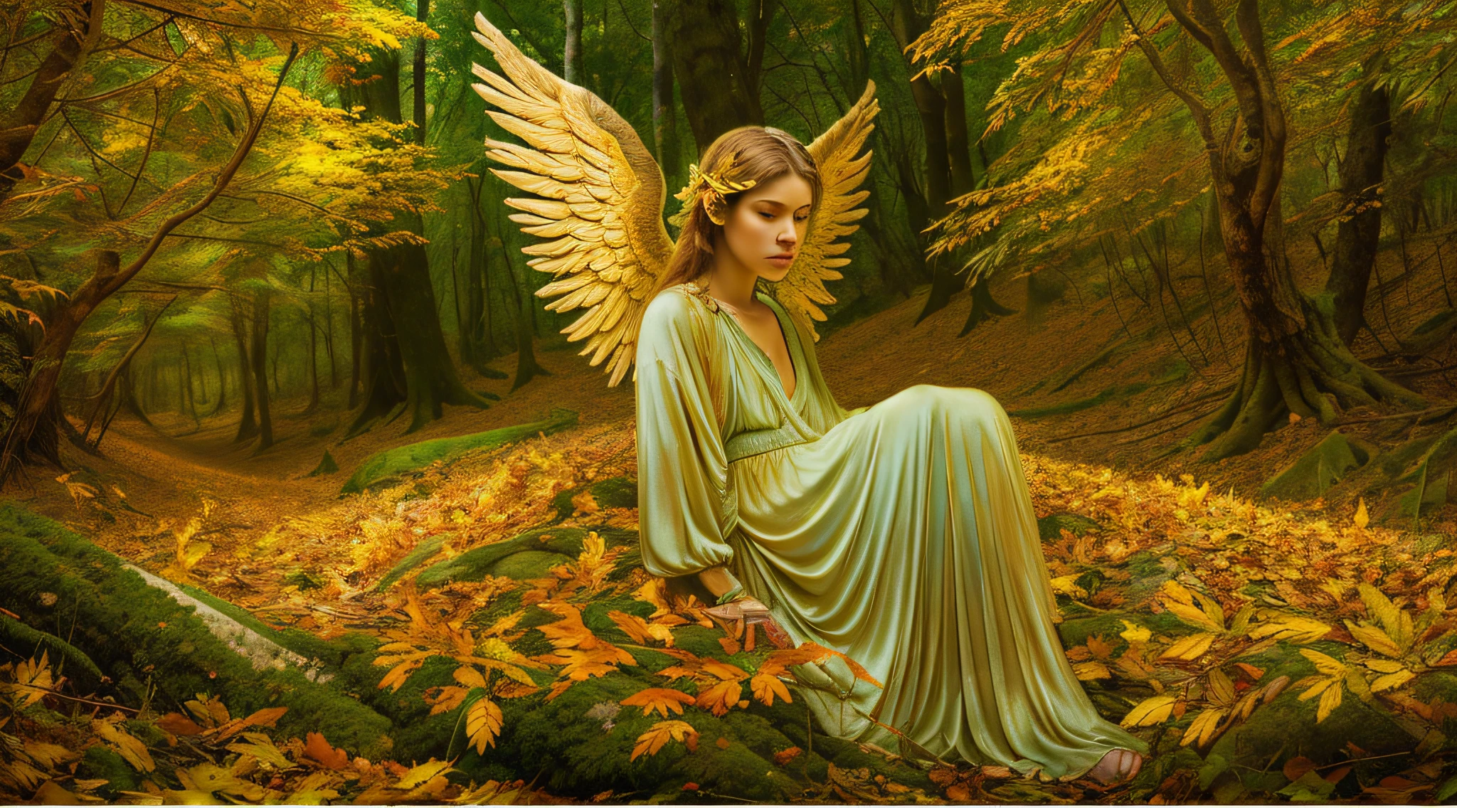 fotografia (estilo fallenangel:1) uma pintura digital de um (atraente:1) Anjo dourado sentado no meio de uma floresta