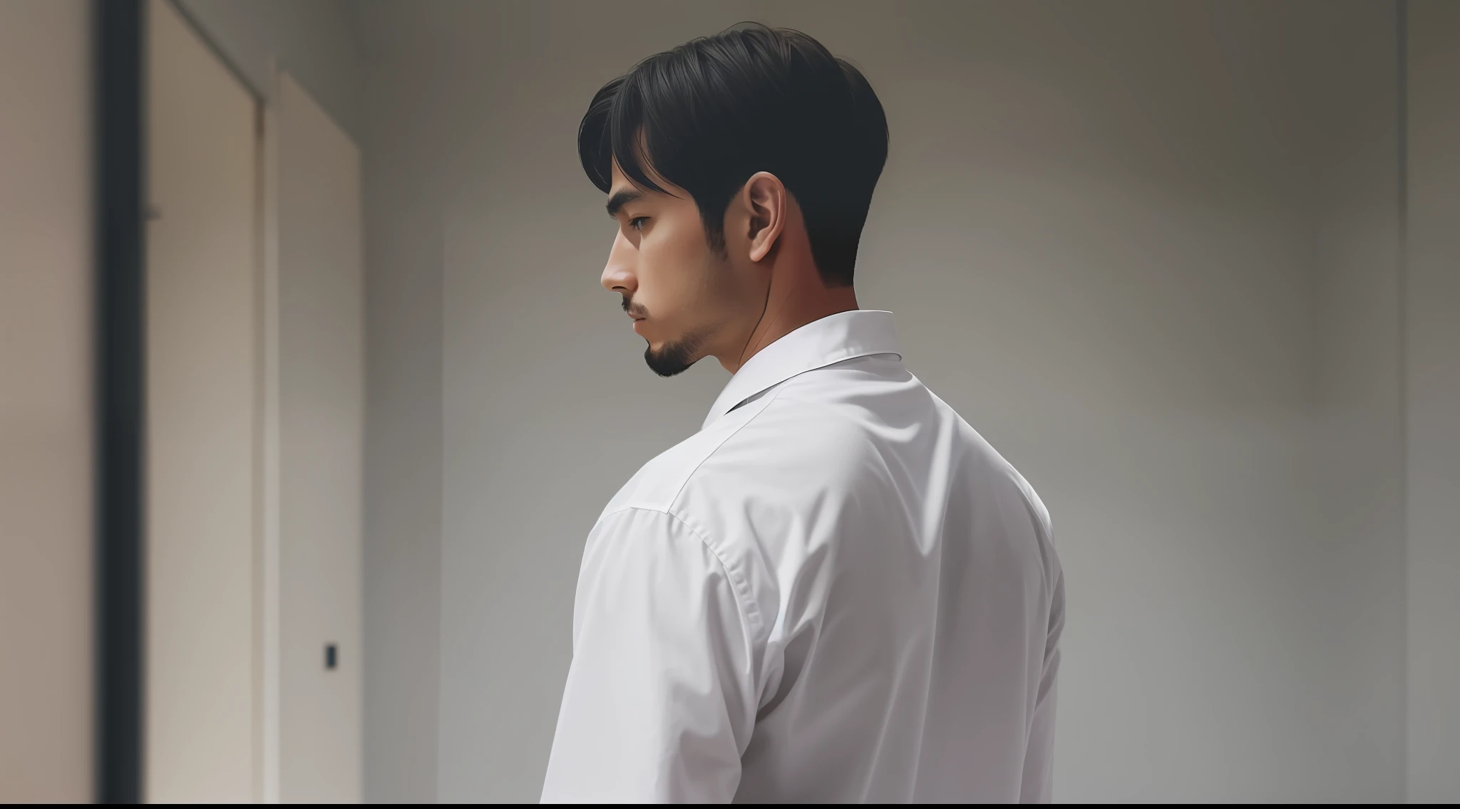 a man with his back in a white and empty room, black clothes with a blurred background