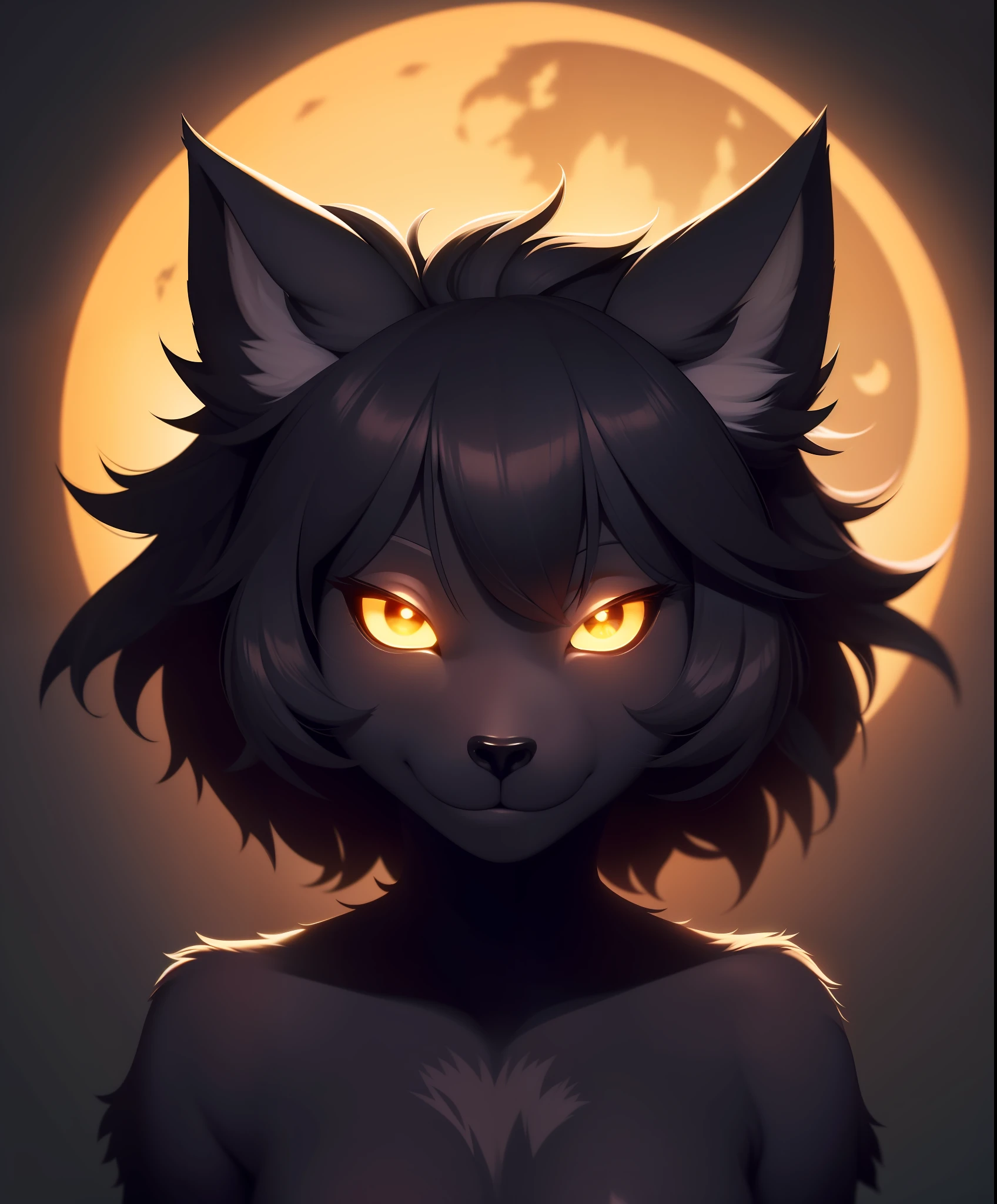 no humans, furry, anthro, portrait, symmetric, upper body, solar eclipse, glowing edge black hole, glowing circular silhouette, fluorescent fur, black body, black skin, glowing markings, glowing edges, furry female, (body fur, furry body:1.4), anthro, solo, realistic, (best quality, masterpiece:1), detailed, looking at viewer, smile, (eclipse gradient background:1.2),