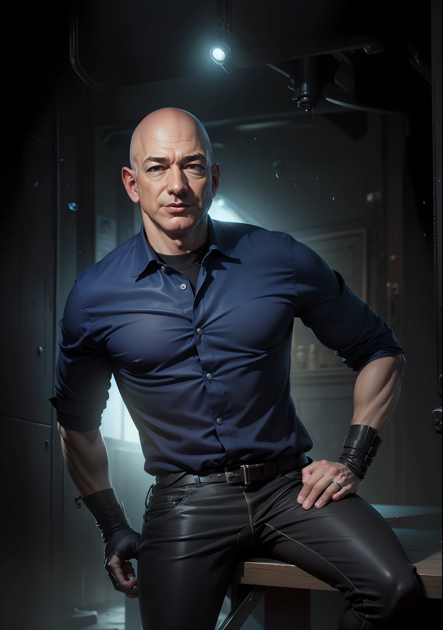 Jeff Bezos, terno preto, fundo azul, anime, ultra realista