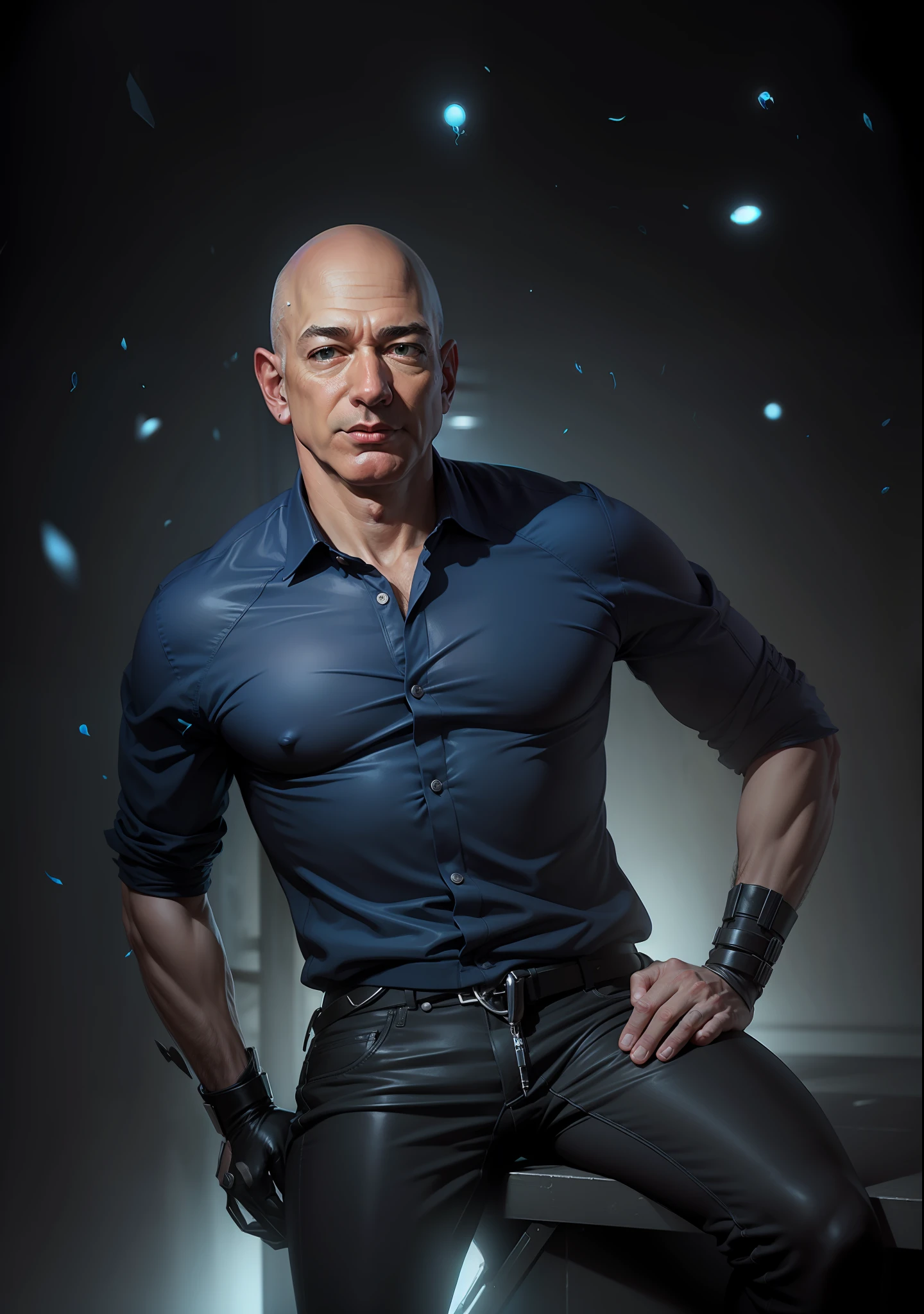 Jeff Bezos, terno preto, fundo azul, anime, ultra realista