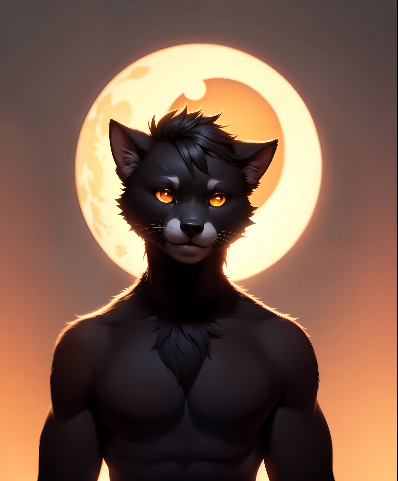 no humans, furry, anthro, portrait, symmetric, upper body, solar eclipse, glowing edge black hole, glowing circular silhouette, fluorescent fur, black body, black skin, glowing markings, glowing edges, furry female, (body fur, furry body:1.4), anthro, solo, realistic, (best quality, masterpiece:1), detailed, looking at viewer, smile, (eclipse gradient background:1.2),