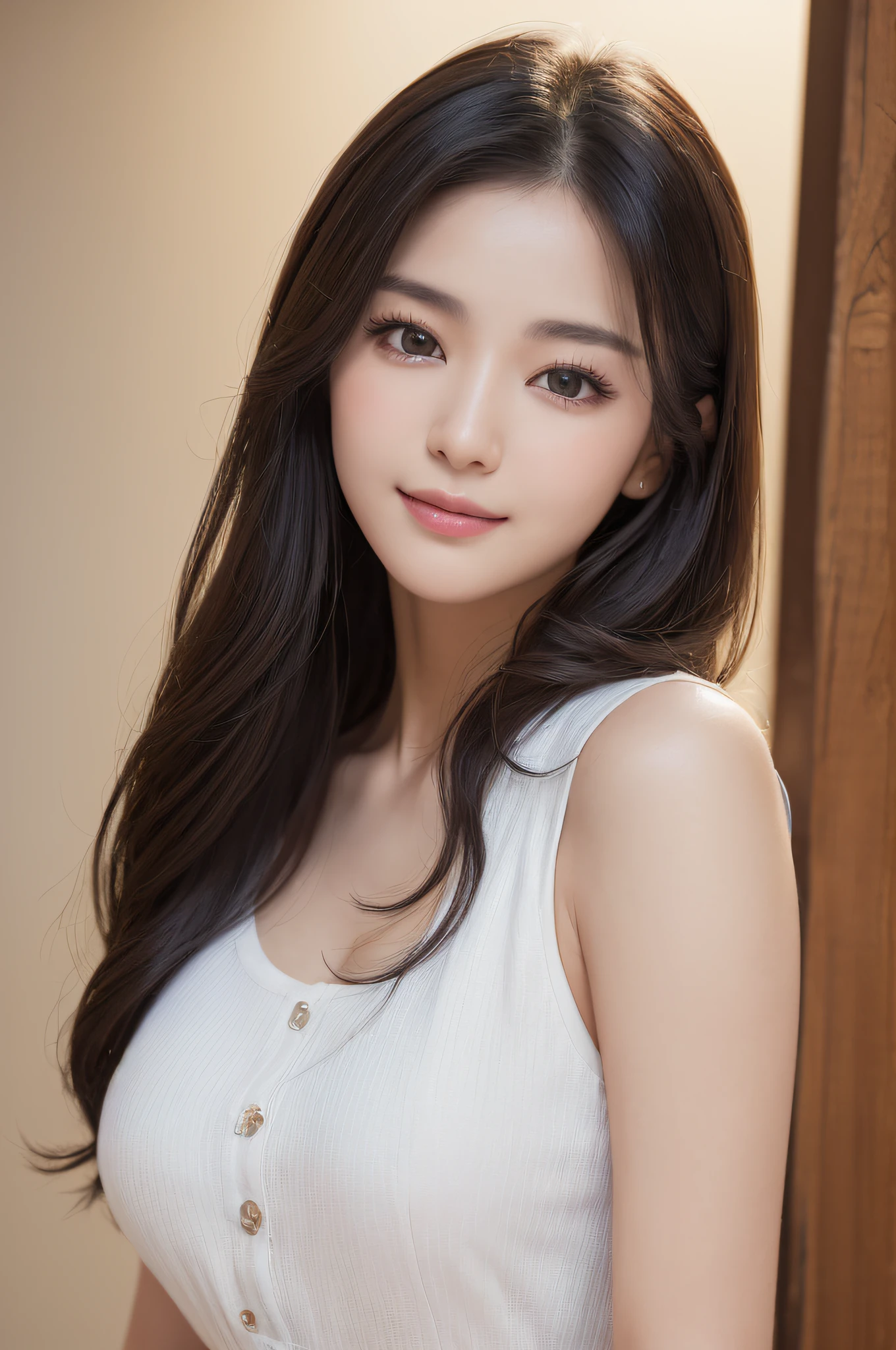 ((best qualtiy、8k masterpieces:1.3))、foco nítido:1.2、(ultra beautiful faces:1.0)、(shinny skin:1.0)、photos realistic、A dark-haired、Video Lighting、High-definition eyes and face、Video Lighting、(cowboy shot:1.3)、(Korean Cute Actress)、from the front side、medium large breasts、ssmile、Sleeveless、Wearing a white blouse