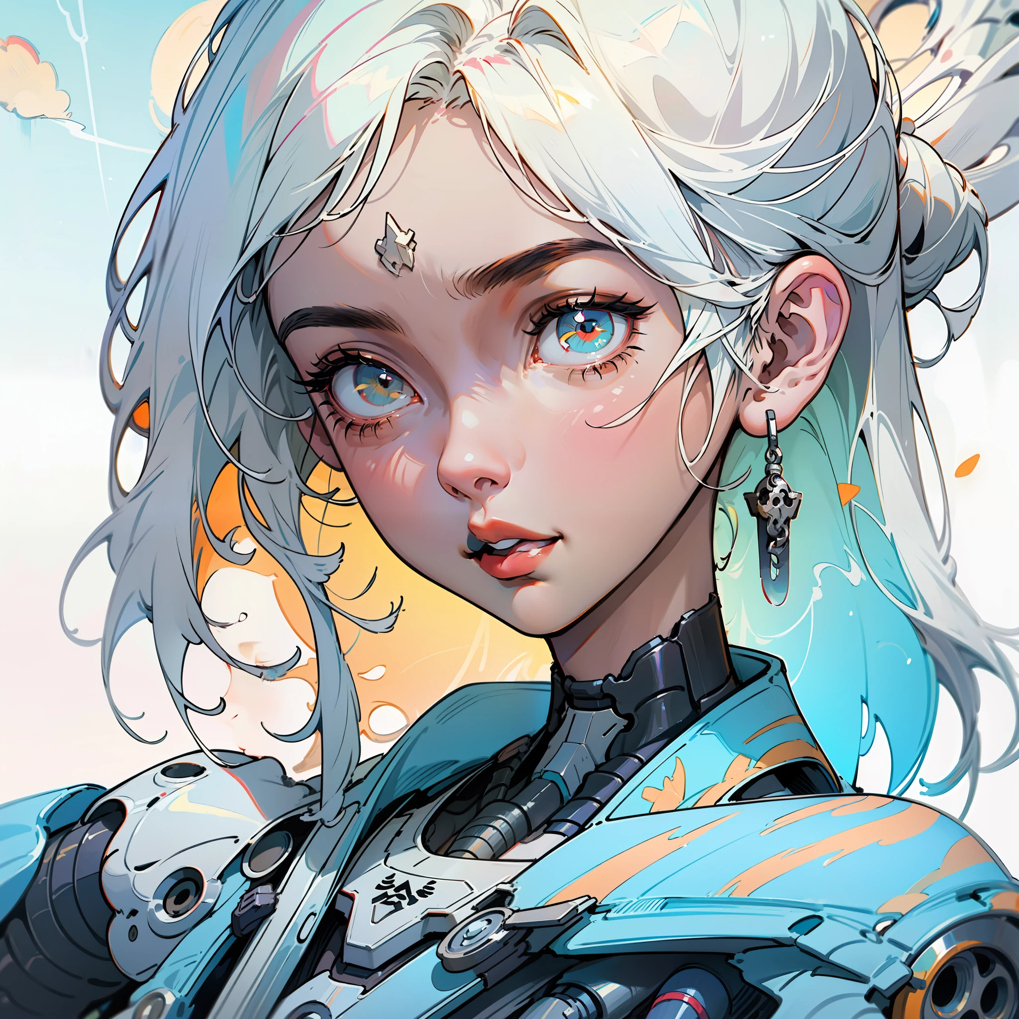 close-up of a woman with white hair and white mask, Hermosa pintura de figuras, Guviz, Ilustraciones de estilo Guvitz, Dios de pelo blanco, Yang J, epic exquisite character art, Impresionante arte de personajes, Fan Qi, Wu Jun Shifan, Gu Vitz at pixiv art station, espada, cuchillo, pistola, cyborg, (((masterpiece))), dynamic angle, uhd, 16k