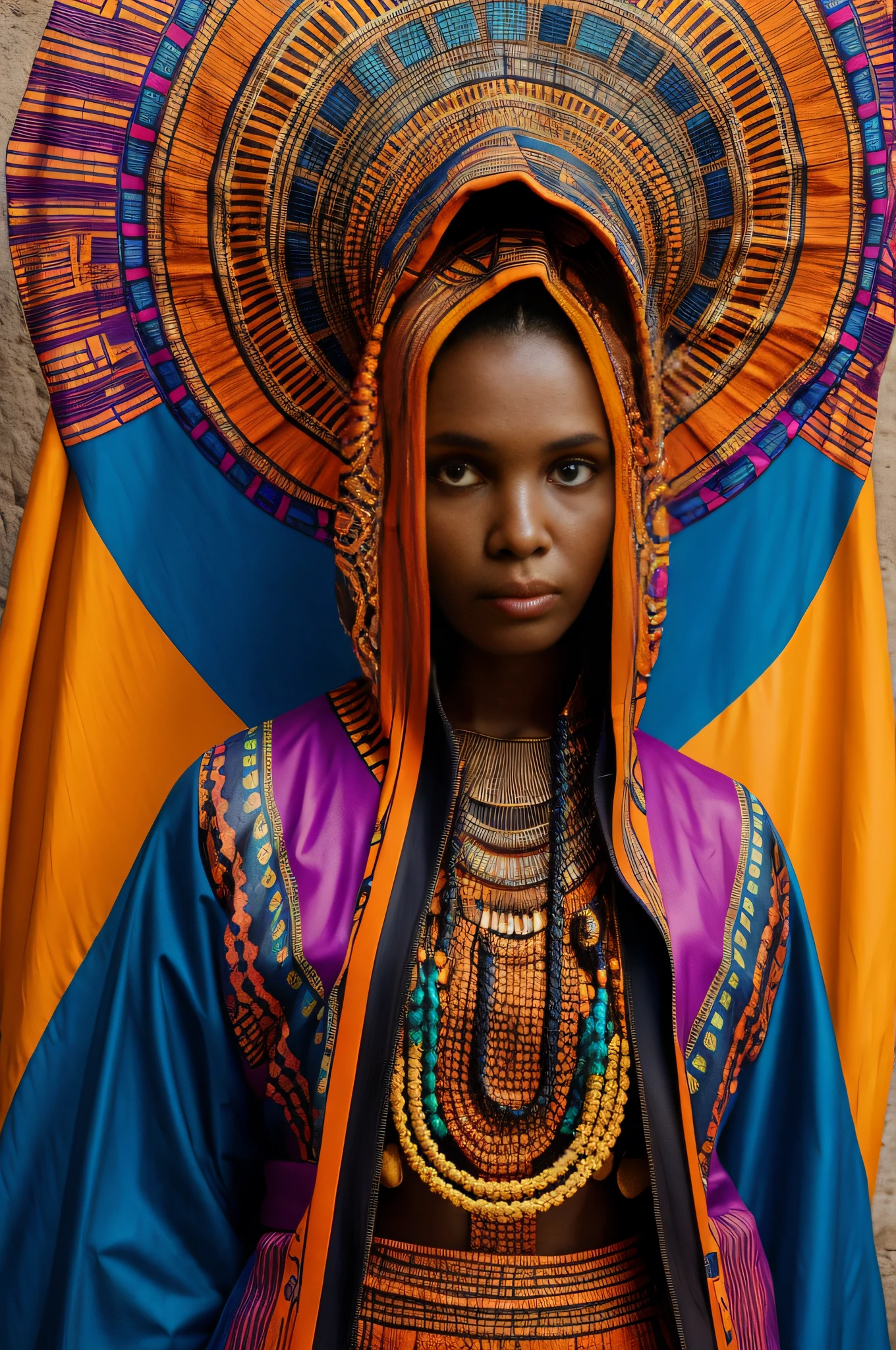 best quality, masterpiece, Cyberpunk alien city, 1girl, afrofuturistic explorer, holographic statues, [african | asian] cultural fusion, intense gaze, full body portrait, hooded orange samurai cloak, open cloak, traditional African patterns and fabric, colorful African dress, triadic complementary colors, warm colors, strong brushwork, bold color