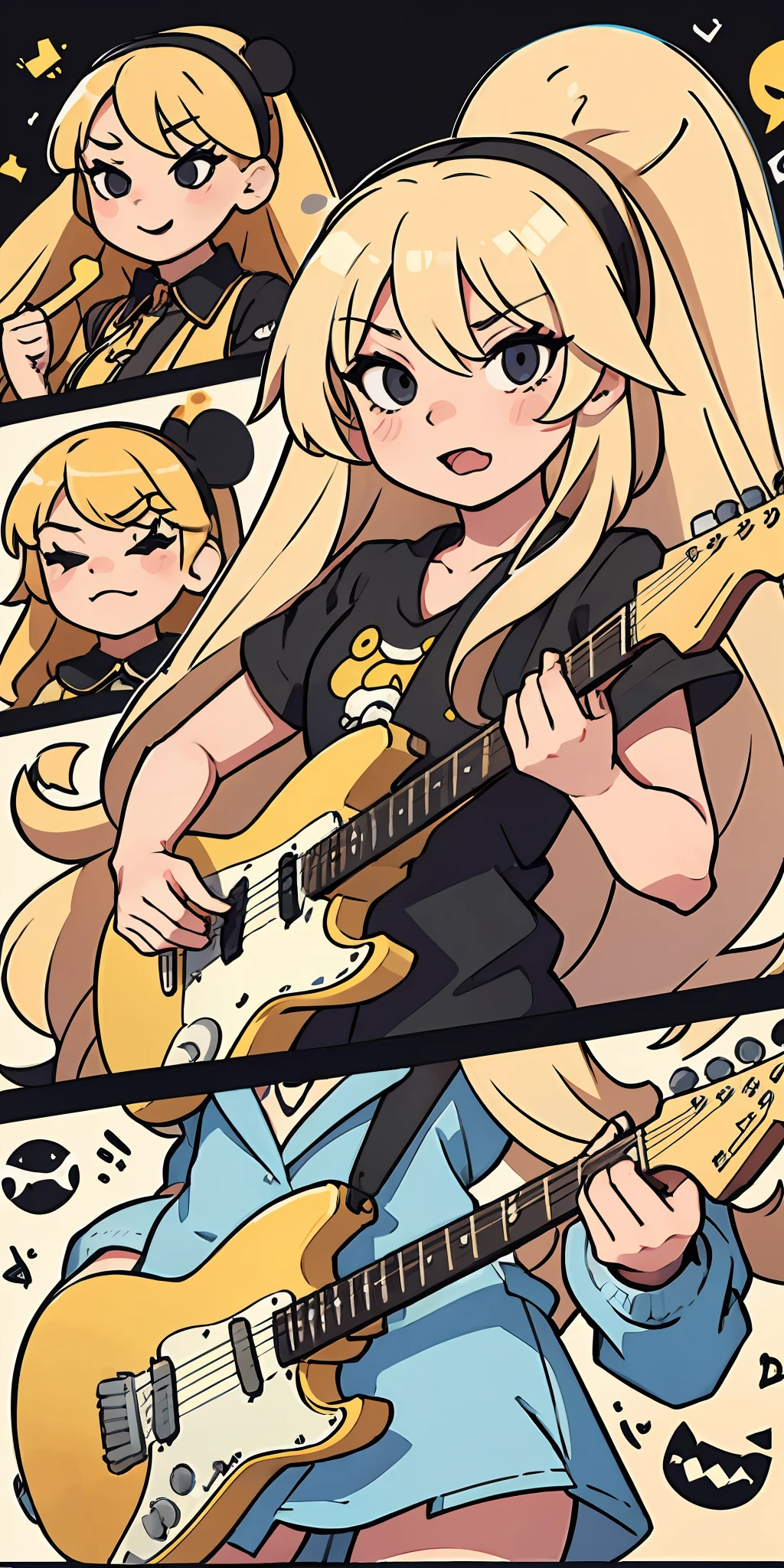 cute long blond hair girl with black eyes playing electric guitar, emoji pack, 6 emoticons, emoji sheet, multiple poses and expressions, anthropomorphic style, Disney style, black strokes, different emotions, multiple poss and expression
