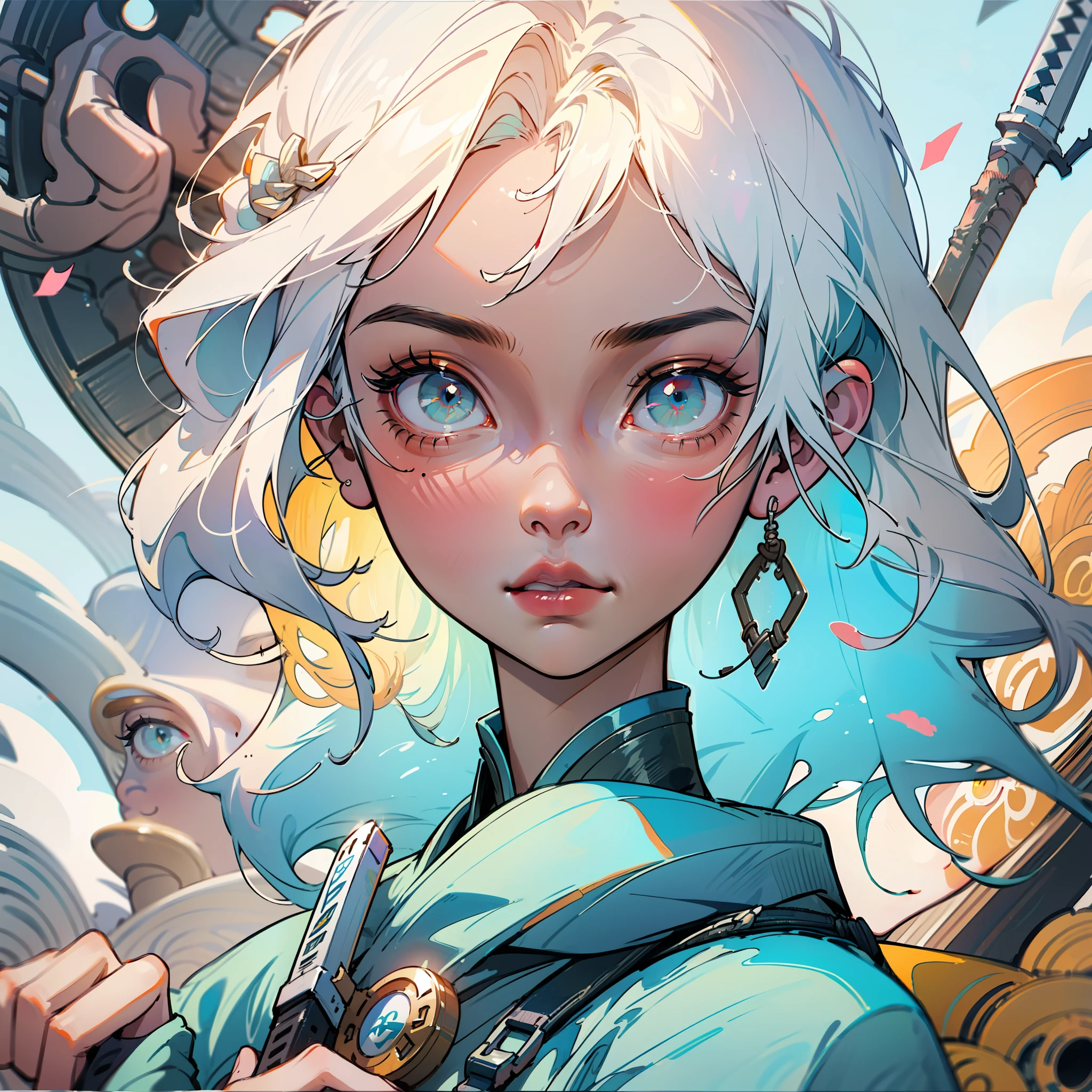 close-up of a woman with white hair and white mask, Hermosa pintura de figuras, Guviz, Ilustraciones de estilo Guvitz, Dios de pelo blanco, Yang J, epic exquisite character art, Impresionante arte de personajes, Fan Qi, Wu Jun Shifan, Gu Vitz at pixiv art station, espada, cuchillo, pistola
