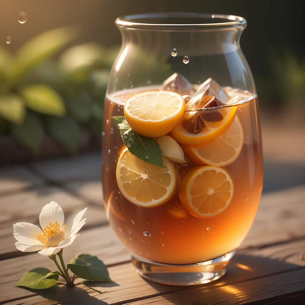 glass of kvass with ice, dripping water drops on glass, translucent liquid, ice cubes, wreath of wild flowers on picnic tablecloths, bright sun, midday outdoor lighting, open air, natural background, summer day, hot weather, high detail, very humid humidity, high brightness, wet watermarks, overdetail, super detail superdetailing, surrealism, soft light, studio lighting, diffuse soft light, shallow depth of field, sharp focus, bokeh effect, highly detailed glass reflection, ultra-thin (superfine, ultra-thin) (thin, fine, ultra-detailed), cinematic, surrealism, armature, best quality, ultra-high resolution (photorealistic: 1.4), high resolution, detail, raw photography, clear reproduction, stock camera, realistic texture, dramatic lighting, unreal engine, popular on artstation, macro