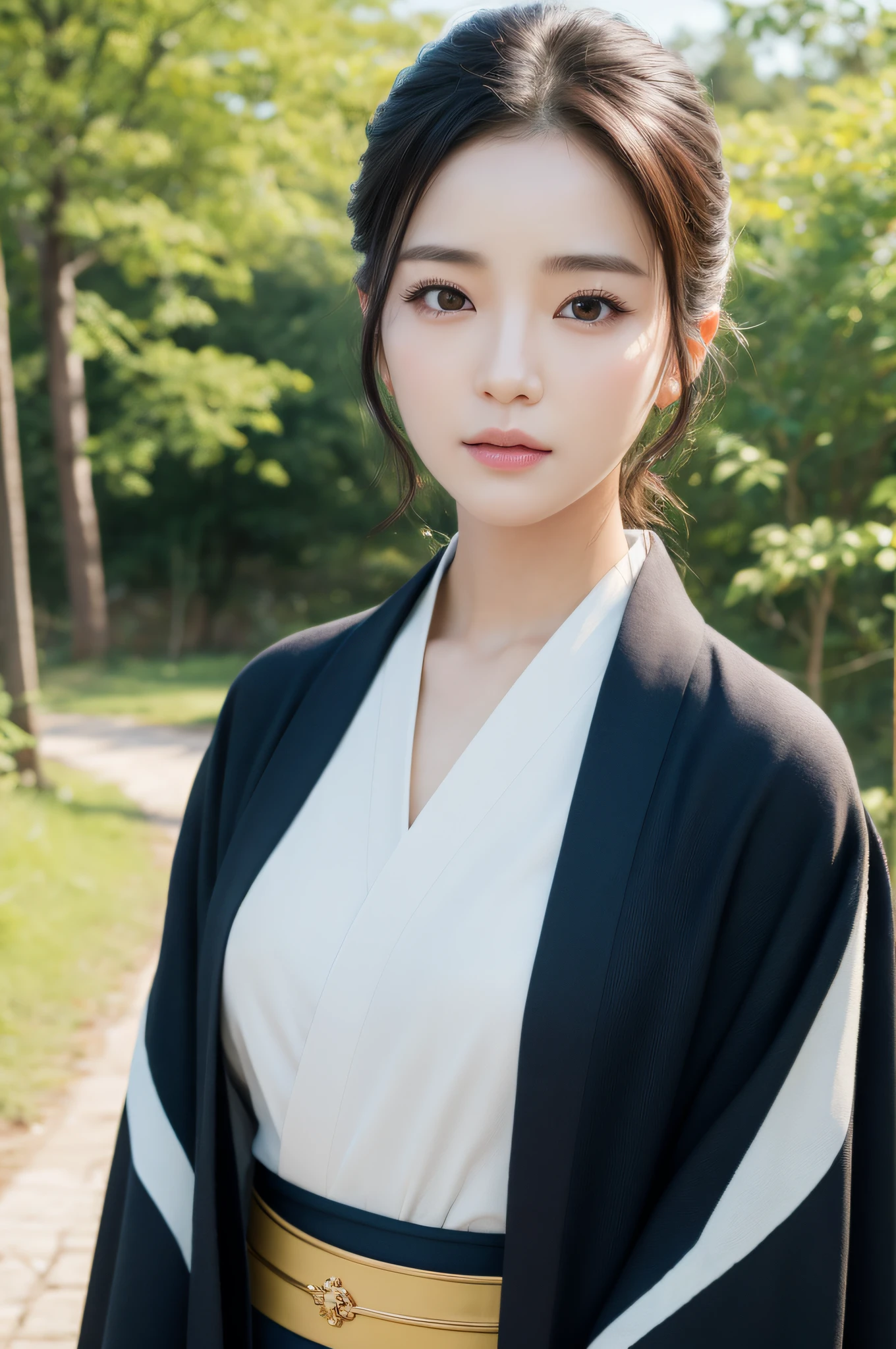 ((Best Quality, 8K, Masterpiece: 1.3)), Sharp Focus: 1.2, (Super Beautiful Face: 1.0), (Glossy Skin: 1.0), Realistic Photos, Black Hair, Realistic Pupils, Movie Lighting, Highly Detailed Eyes and Faces, Movie Lighting, (Cowboy Shot: 1.0), (Kimono, Hakama, Obi: 1.15), In Nature, (Korean Cute Actress)