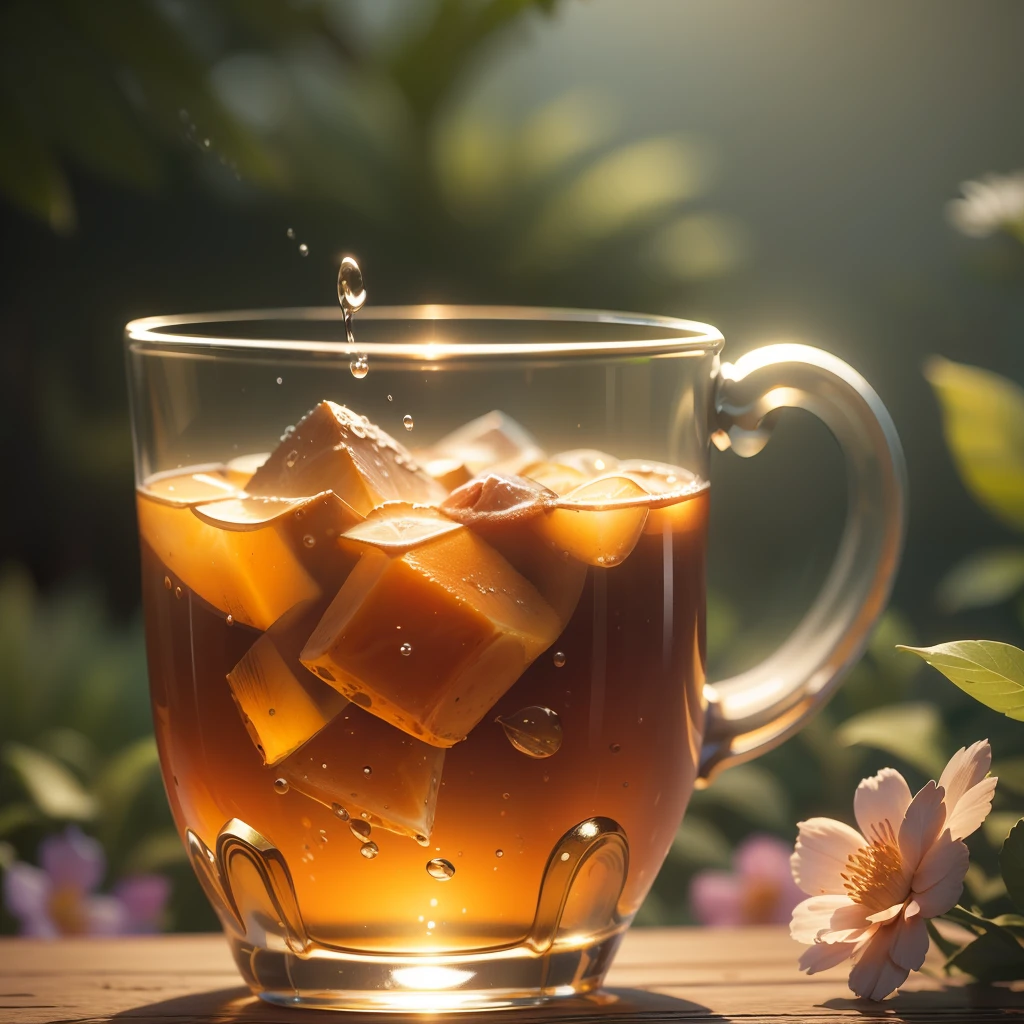 glass of kvass with ice, dripping water drops on glass, translucent liquid, ice cubes, wreath of wild flowers on picnic tablecloths, bright sun, midday outdoor lighting, open air, natural background, summer day, hot weather, high detail, very humid humidity, high brightness, wet watermarks, overdetail, super detail superdetailing, surrealism, soft light, studio lighting, diffuse soft light, shallow depth of field, sharp focus, bokeh effect, highly detailed glass reflection, ultra-thin (superfine, ultra-thin) (thin, fine, ultra-detailed), cinematic, surrealism, armature, best quality, ultra-high resolution (photorealistic: 1.4), high resolution, detail, raw photography, clear reproduction, stock camera, realistic texture, dramatic lighting, unreal engine, popular on artstation, macro