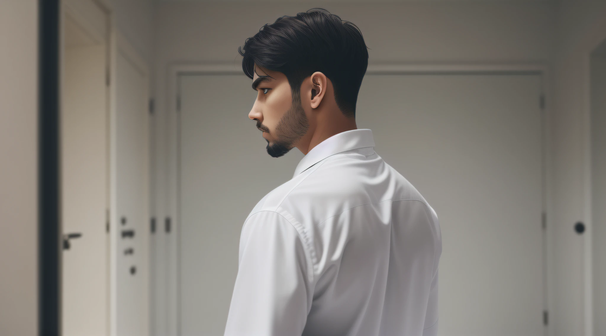 a man with his back in a white and empty room, black clothes with a blurred background