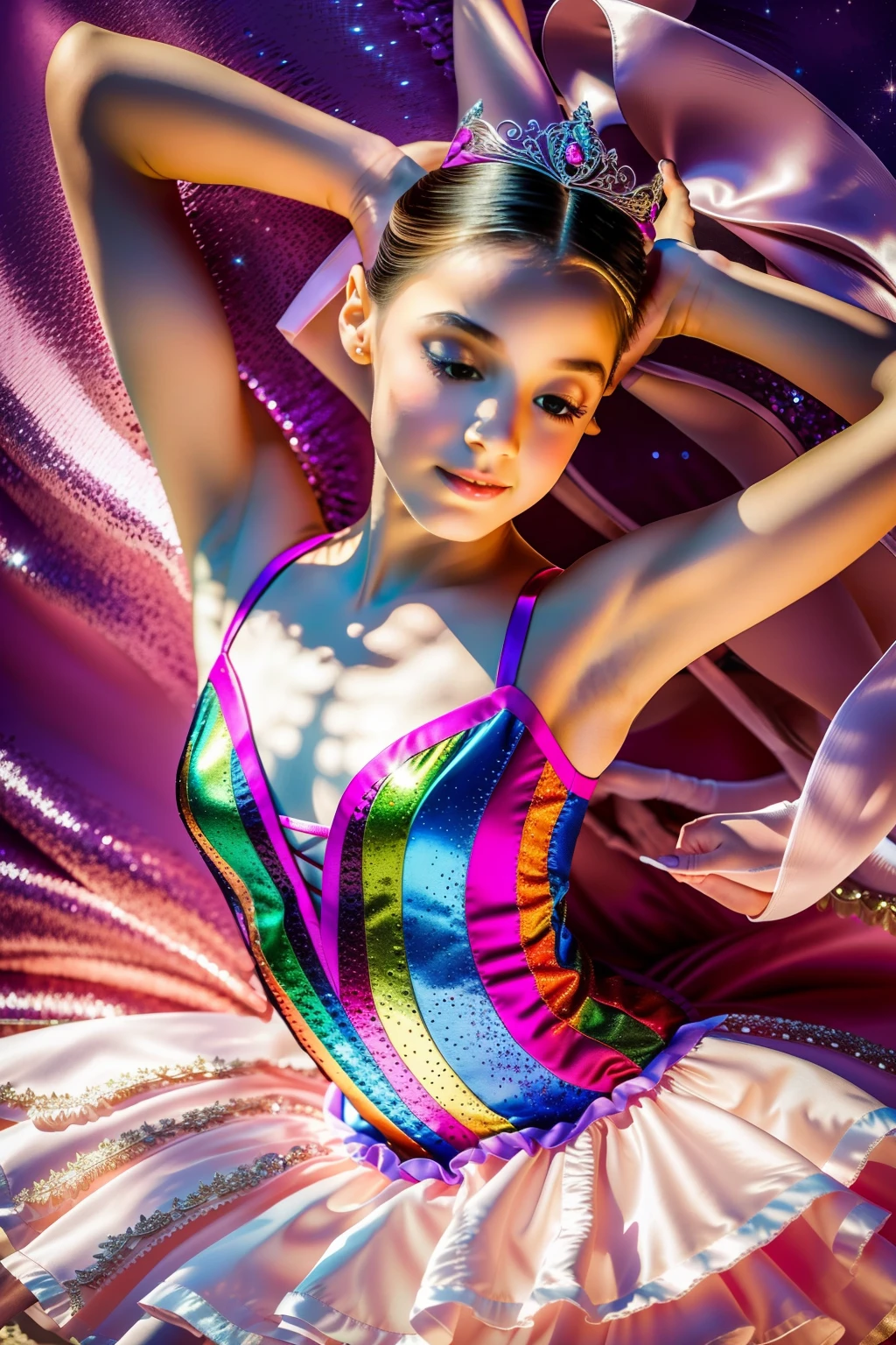 obra prima fotorealista 8k:  Three girls in dresses, posando de leotard e tiara, vestidas como bailarinas, Ballet style pose, ballet pose, playful pose of three dancers, bailarina, pose tendu, recital, s graciosas, pose de ponta, pose completa, an artistic pose, bailarina, prima ballerina, fazendo uma pose atrevida