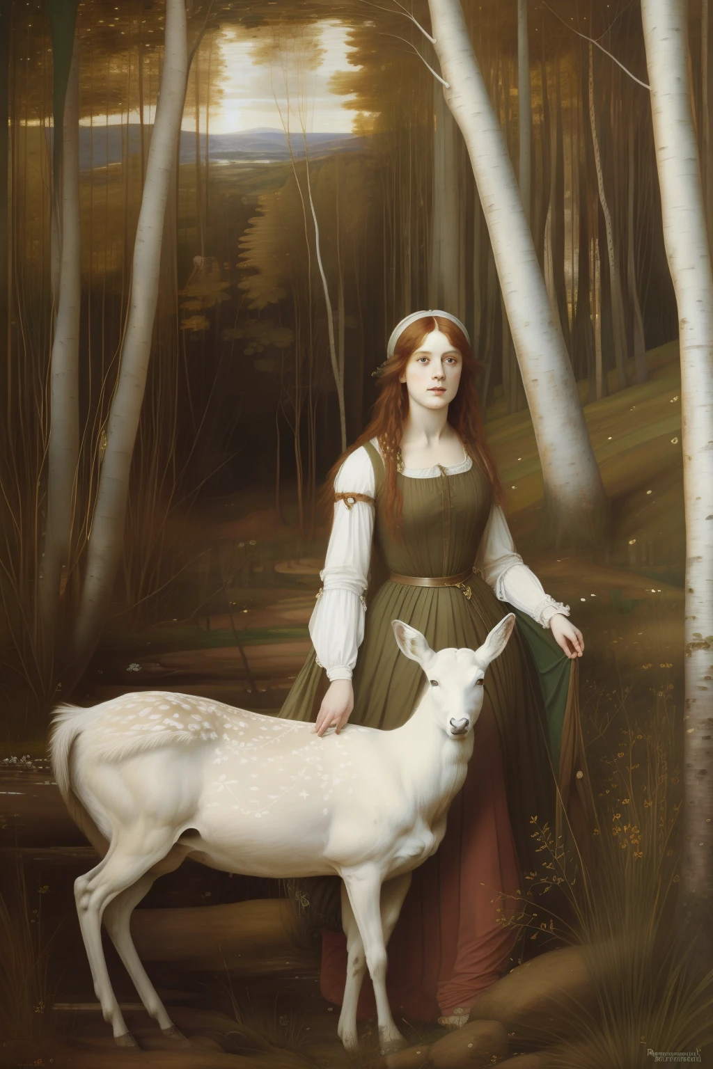 "(((Pre-Raphaelite and Renaissance painting))), qualidade excepcional, incredible details, Portrait of a Celtic maiden and a white deer in a birch forest. paisagem celta, sun sunset."
